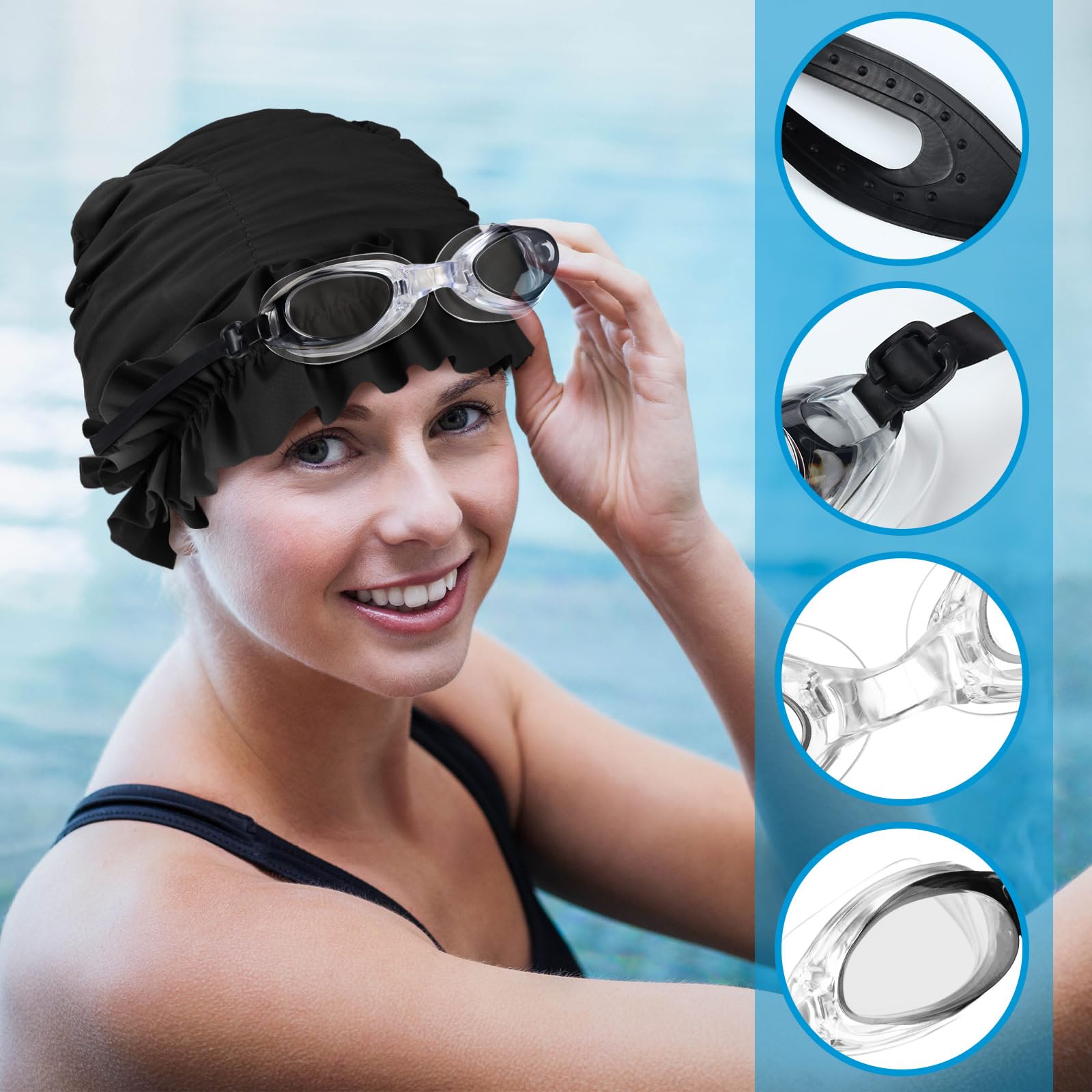 Kingdder 4 Pcs Swimming Goggles and Cap Women Adult Set 2 Waterproof Elastic Swim Caps Nylon Cloth Swim Hat Turban with Ruffled Edges 2 Anti Fog Swimming Goggles for Women