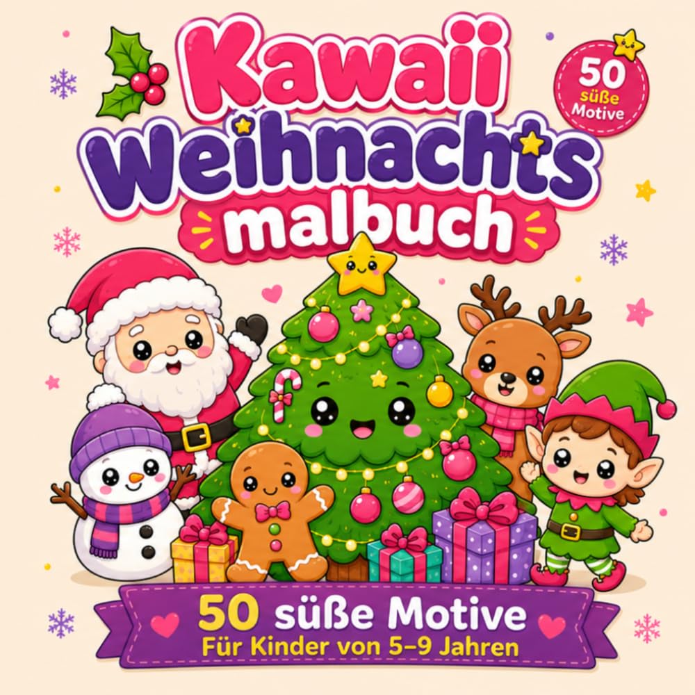 Kawaii Weihnachtsmalbuch für Kinder: 50 süße Weihnachtsmotive mit Weihnachtsmann, Rentier, Schneemann, Wichteln, Lebkuchen und Tannenbäumen. Einfaches ... Linien für Mädchen und Jungen im Alter vo