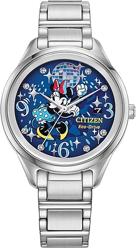 Citizen Reloj Dancing Minnie Mouse Eco-Drive para mujer, tono plateadoazul , Moderno