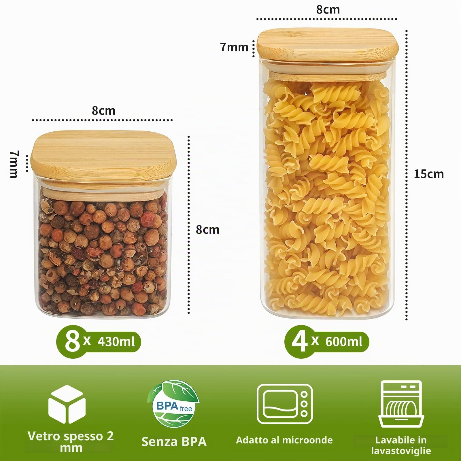 Withosent Set di 12 barattoli per spezie, rettangolari, con coperchio in legno, 430/600 ml, con coperchio, per spezie, tè, noci, cereali