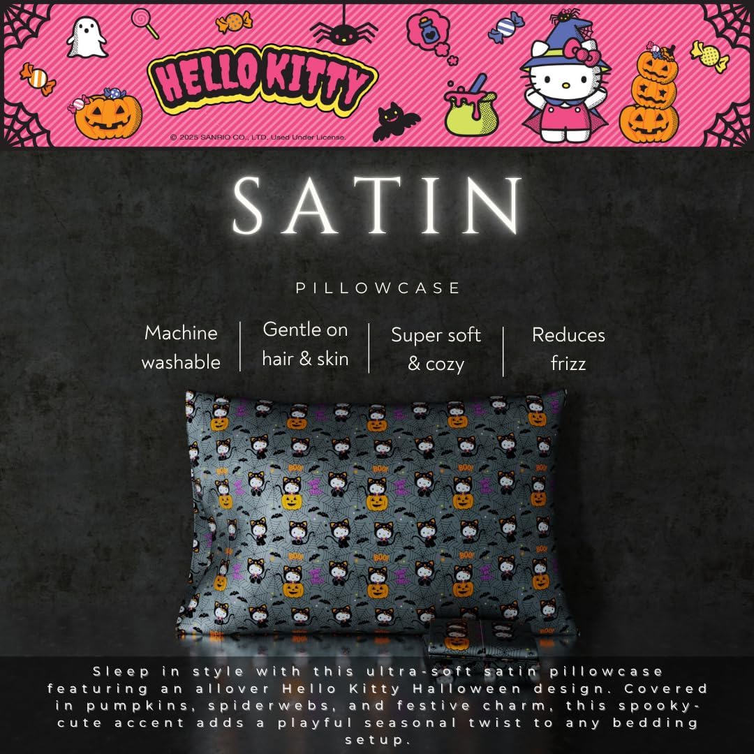 Sanrio Hello Kitty Skeleton Halloween Beauty Silky Satin Standard Reversible Pillowcase Cover 20x30 for Hair and Skin, (Officially Licensed Product) by Franco Collectibles - Image 2