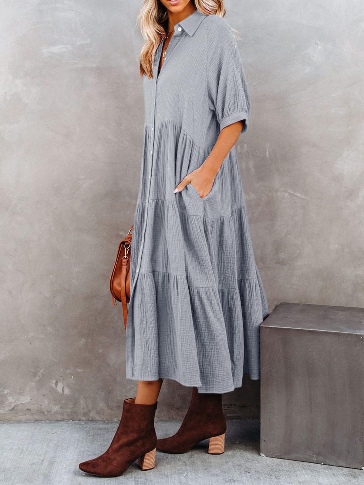 R.Vivimos Vestito Estivo Casual Mezza Manica Bohémien Donna Elegante Chic Abito da Camicia Midi a Pieghe con Scollo a V