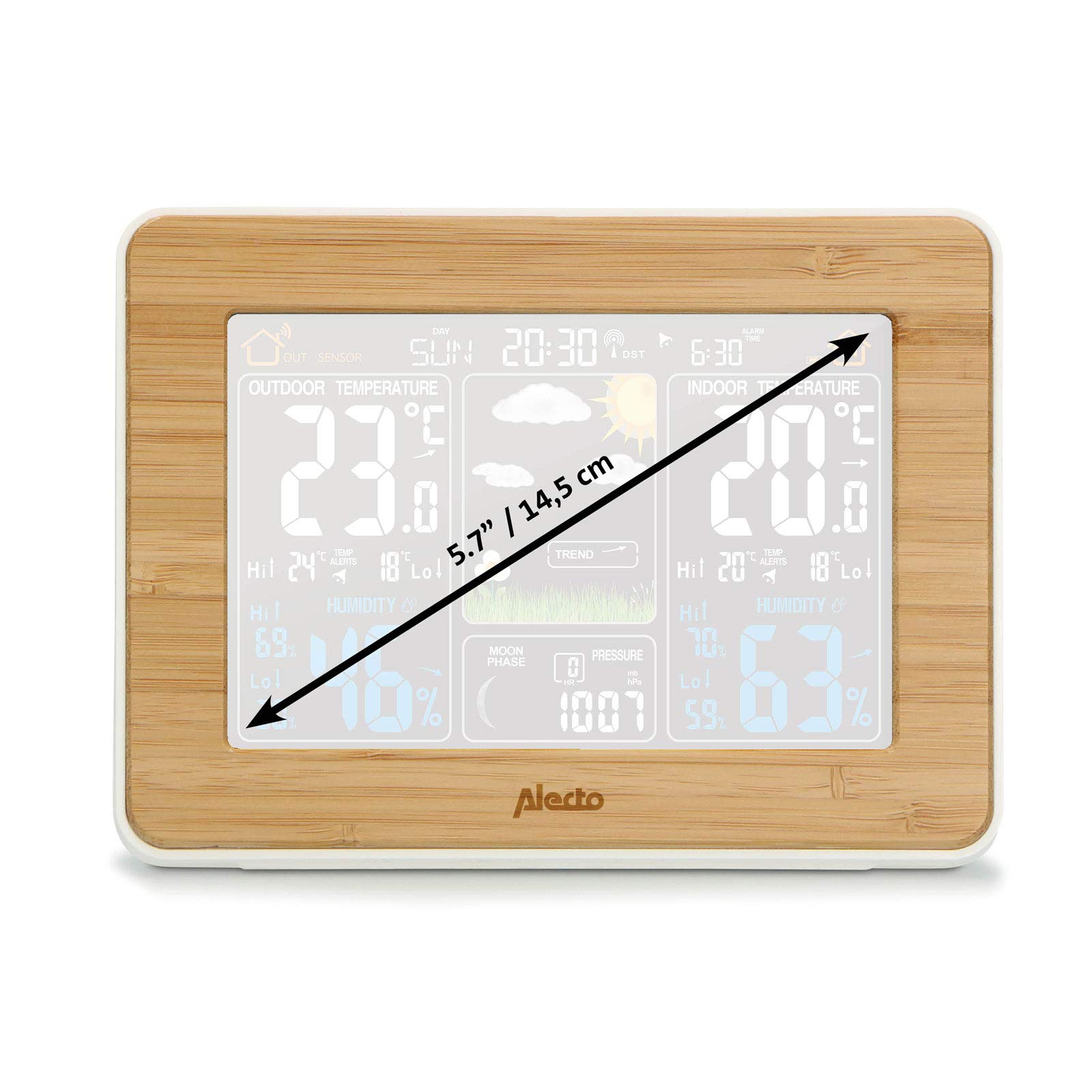 Alecto WS-1560 Stazione meteo wireless con display a colori e sensore esterno – Temperatura interna ed esterna – Umidità – Barometro – Previsioni meteo animate – Legno