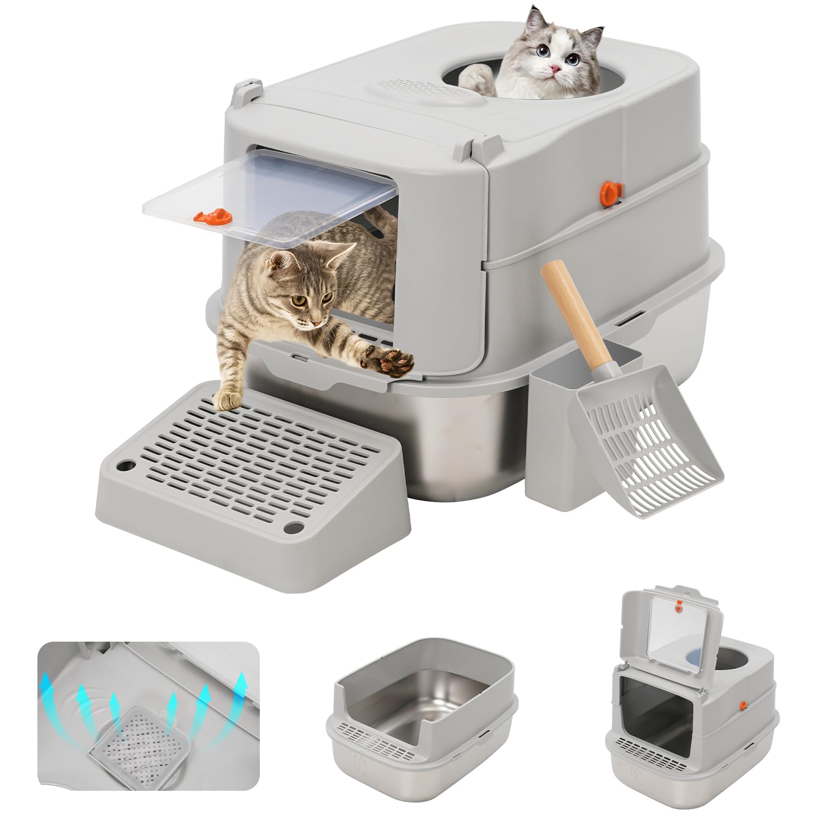 Arenero para Gatos con Cubierto,Extraíble Arenero Gato Acero Inoxidable,Arenero Gato Cubierto con Pala y Pedal,para Varios Tipos de Gatos,Gris
