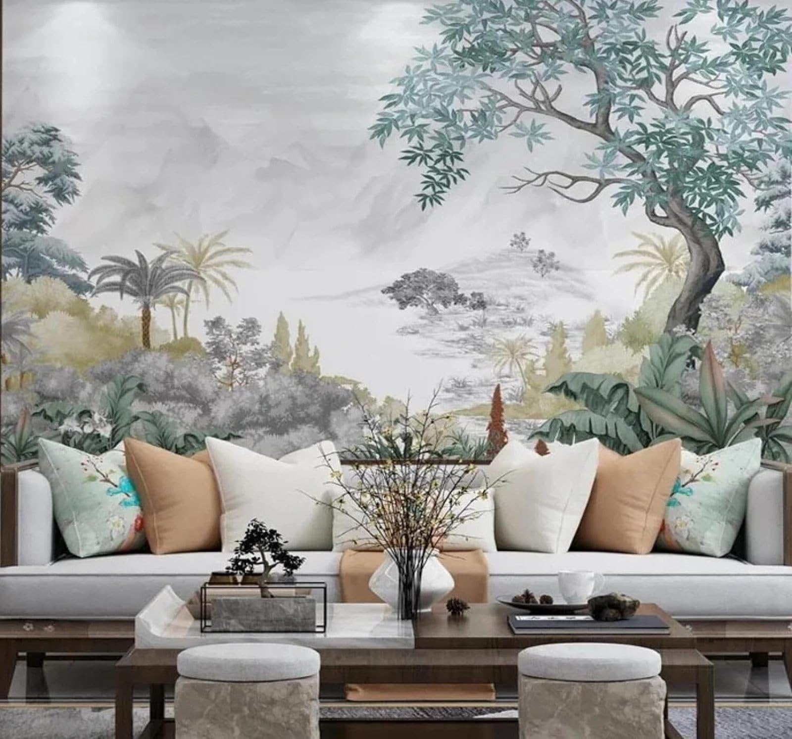 XLMING Hand Drawn Retro Trees Jungle Natural Scenery 3D Wallpaper Silky Texture Home Study Office Grey Dining Room Sofa Bedroom Living Room TV Backdrop-200cm×140cm