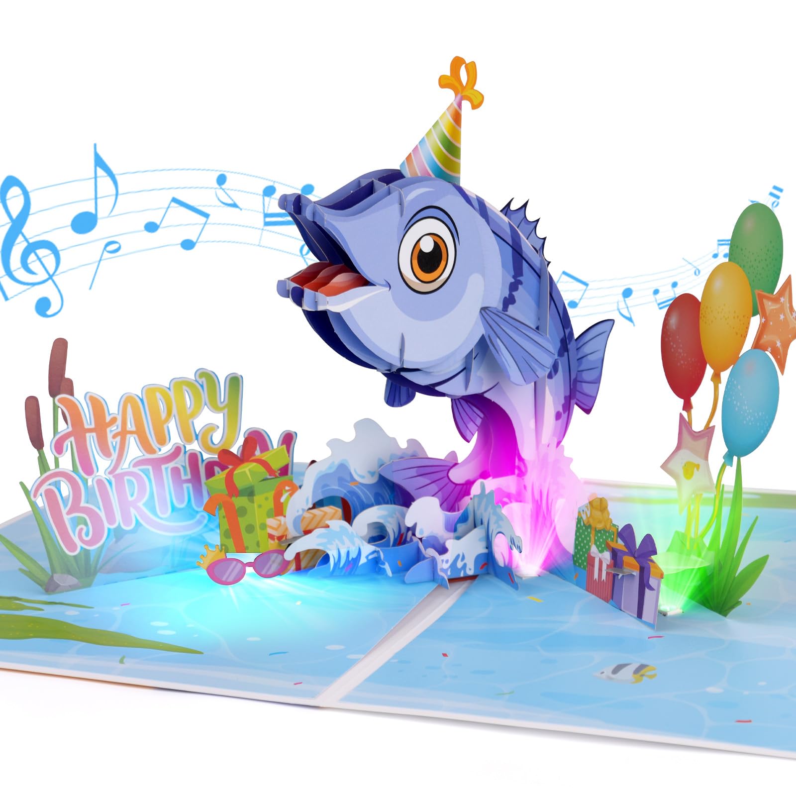 Pop Up Musical Birthday Card for Kids Men, Funny Birthday Music with Colorful Lights, Birthday Card for Boys Son Nephew Men Husband Fisherman