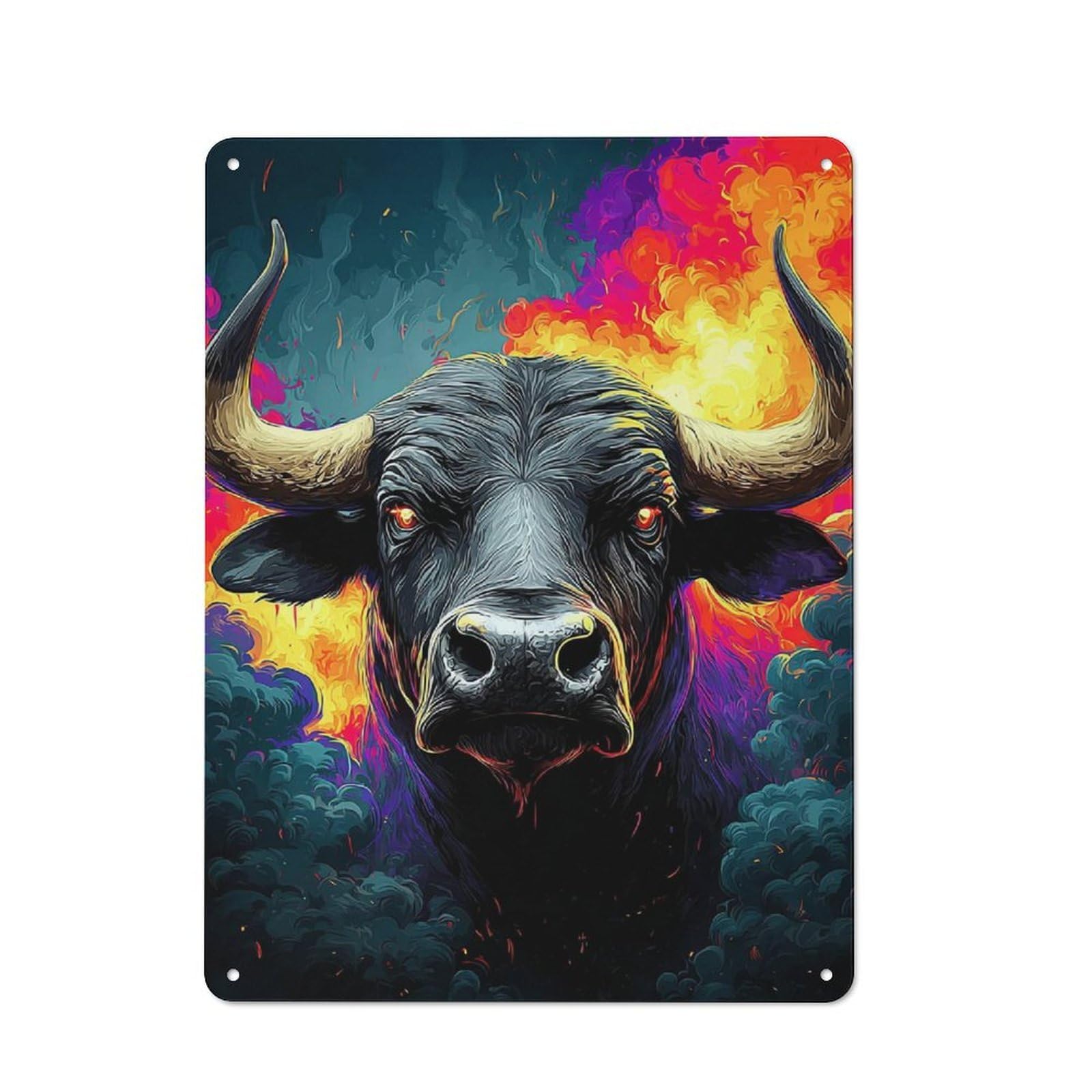 Junmoney Fiery Bull Digital Artwork -1 Rustic Metal Wall Sign 40X30cm For Kitchen Or Home Bar, For Garage, Workshop And Man Cave Decoration