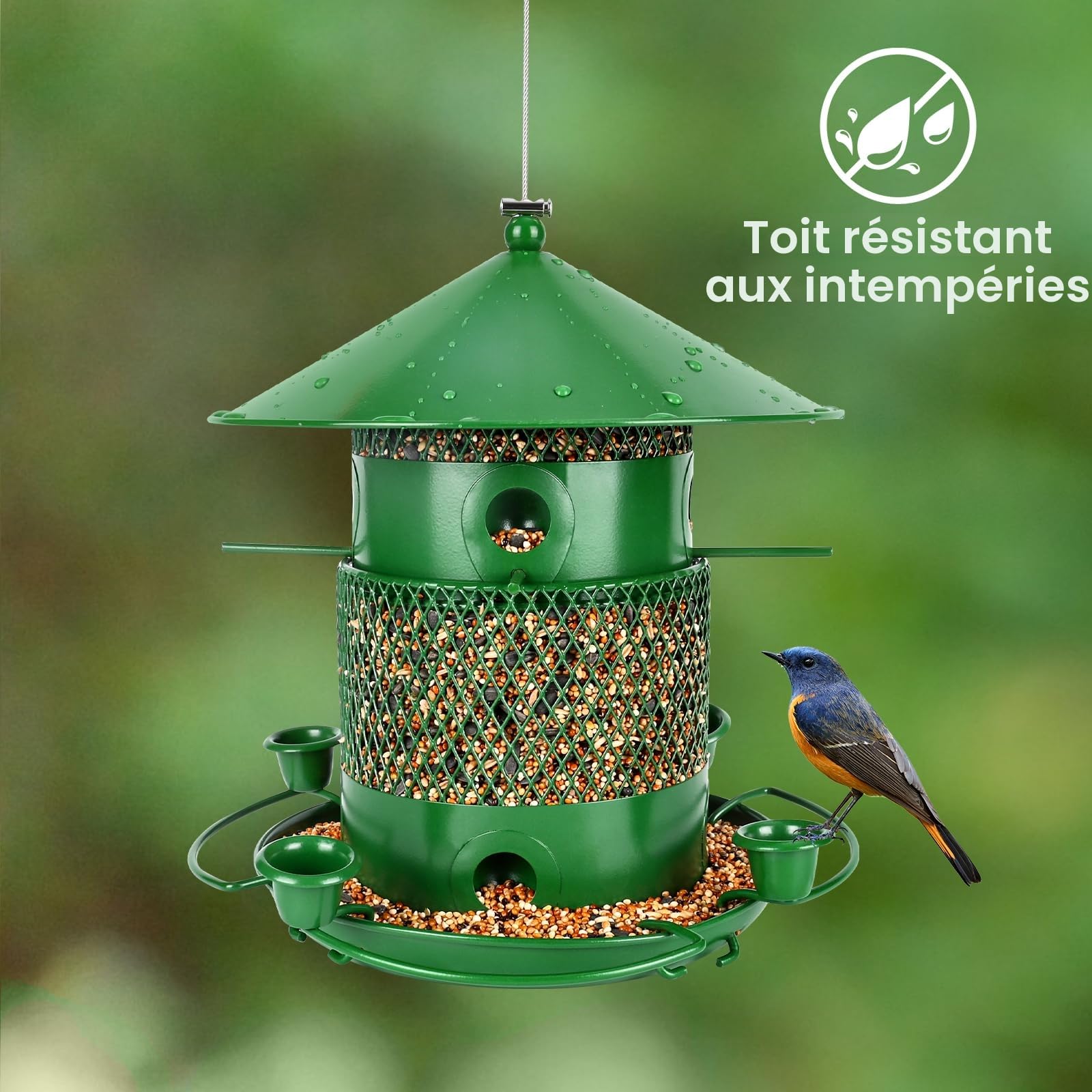 Mangeoire Oiseaux Exterieur Suspendue, 2,5L Metal Mangeoire pour Oiseau Sauvages Imperméable, 360° Alimentation Maison Oiseaux Exterieur pour Jardin (Vert)
