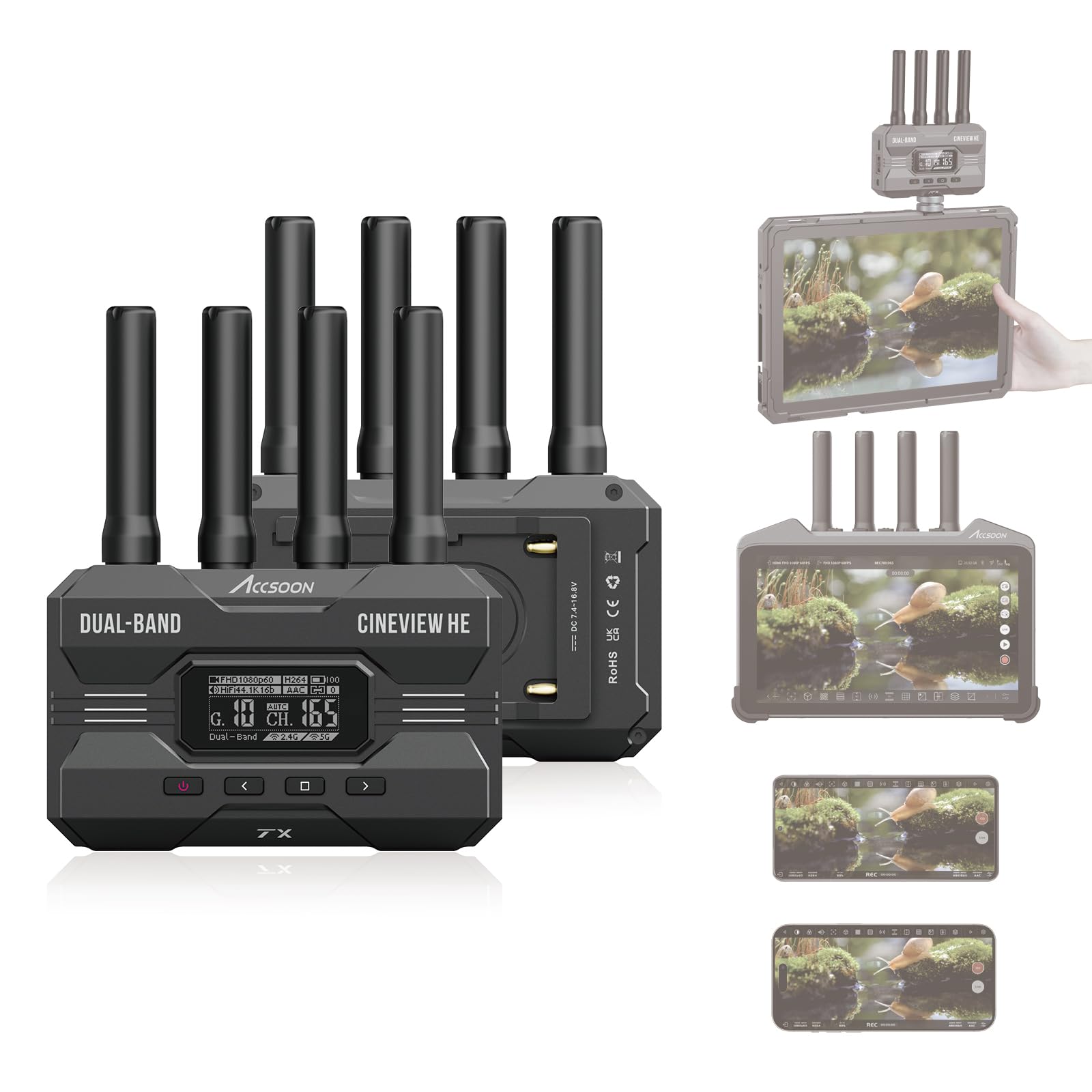 Accsoon CineView HE Système de Transmission Vidéo sans Fil, émetteur et récepteur sans Fil 2.4G/5GHz, 1 Émetteur 4 Récepteurs, HDMI, Latence <0.06s, 350m, Écran OLED, pour Caméra, Live Streaming UVC