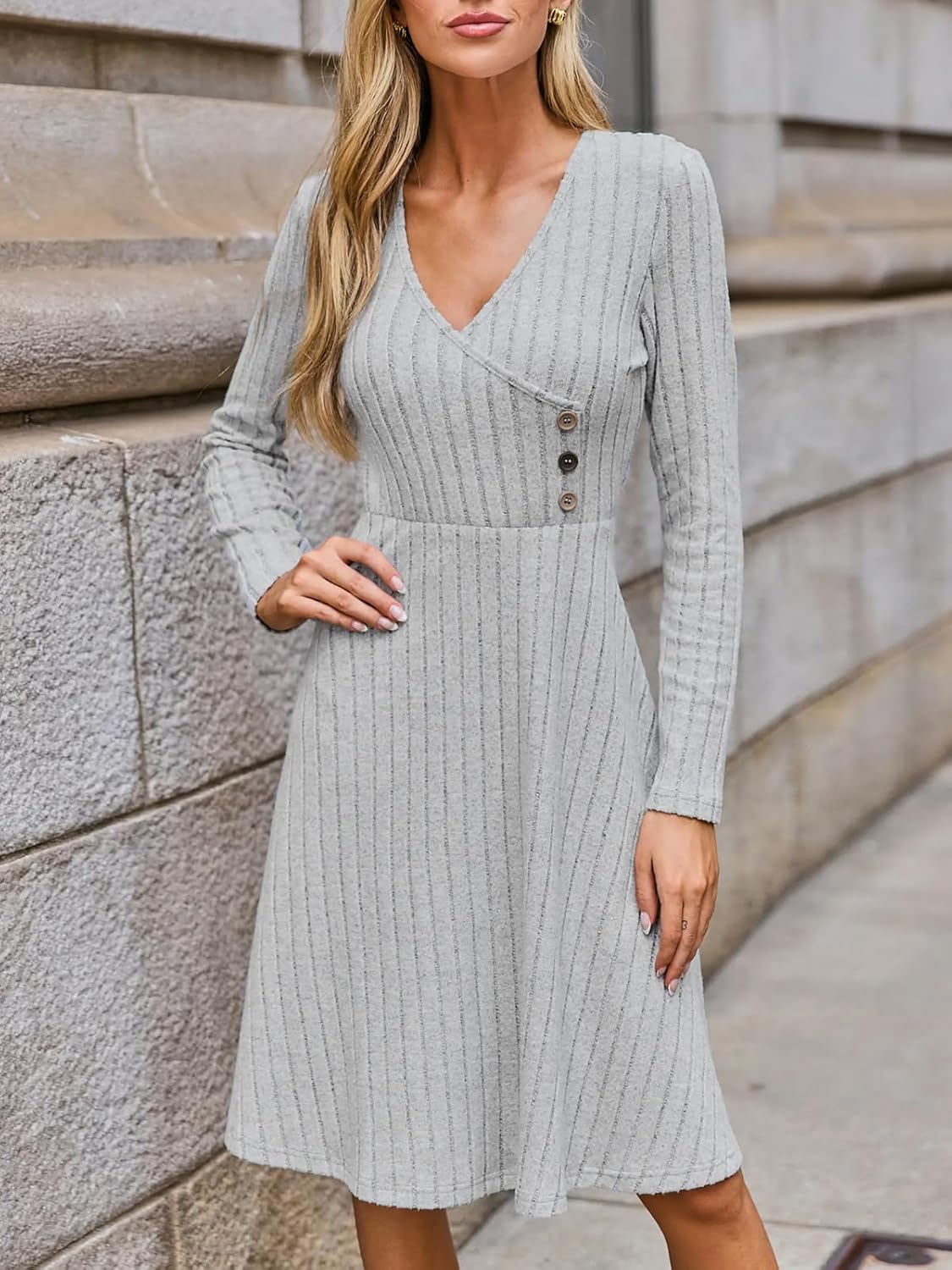CUPSHE Fall Dresses for Women V Neck Long Sleeve Ribbed Knit Button A Line Mini Casual Dress - Image 3