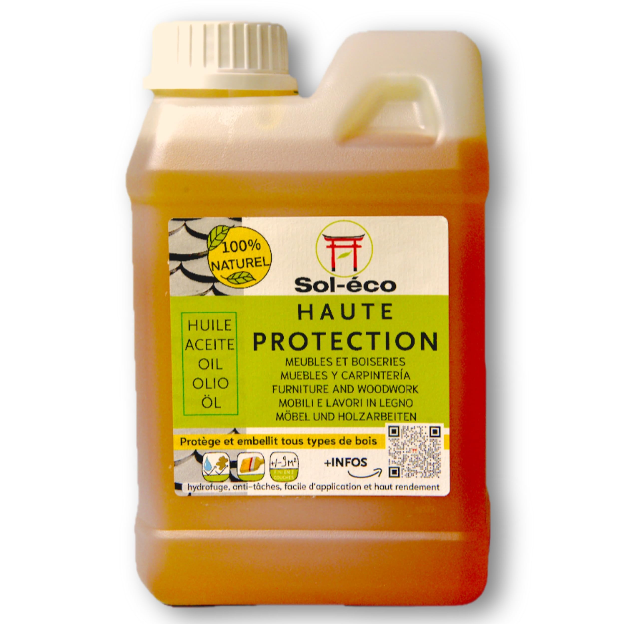 (Sol-éco) Huile Haute Protection. Protège le bois intérieur extérieur 1L | Fluide et pénétrante - Tung et huile d'orange (D-limonène) - Parquet, plan de travail, salle de bain, Hydrophobe