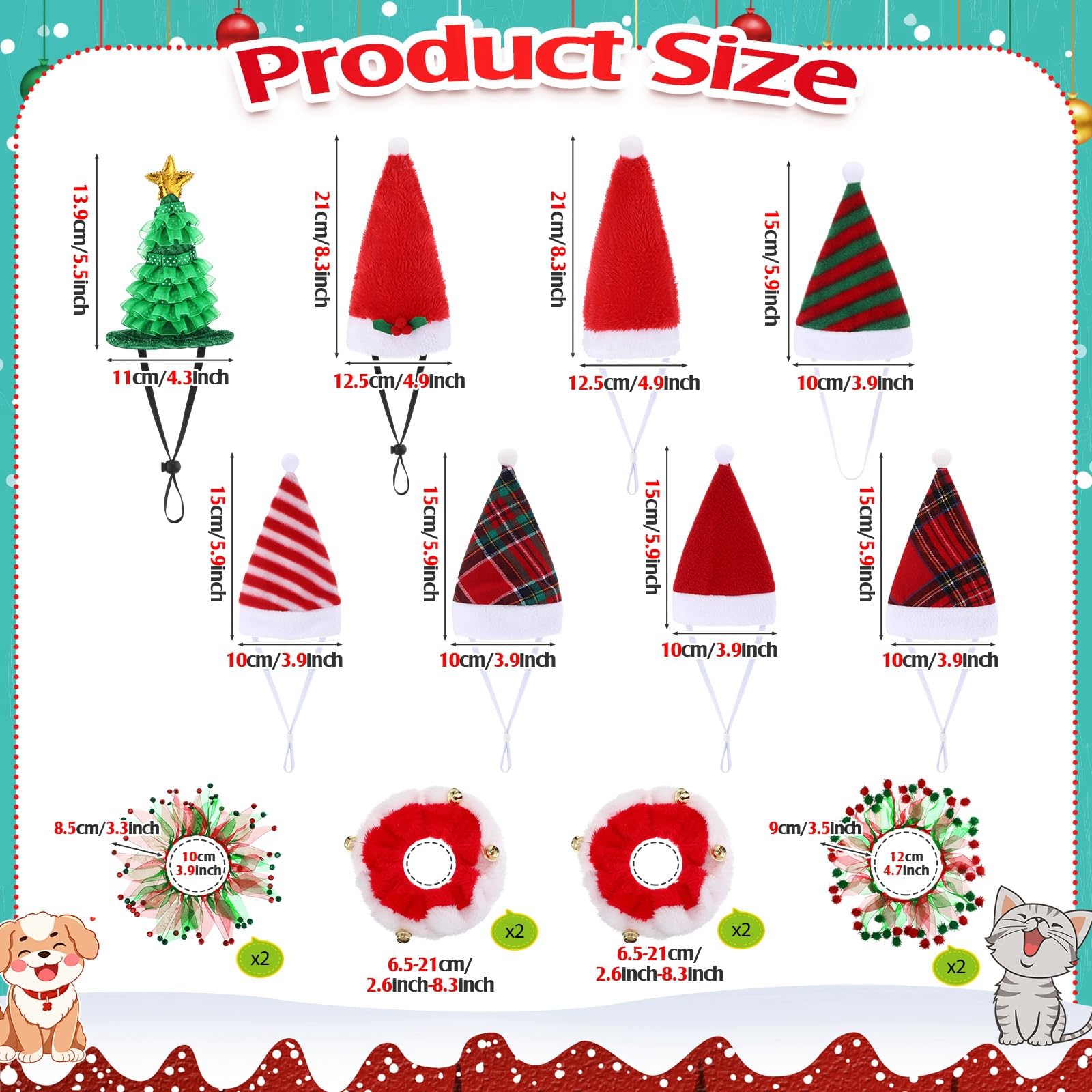 16 piezas de disfraz de Navidad para gatos, sombreros de Papá Noel y collar con cascabeles para mascotas, perros pequeños y gatos, collar tutú y sombrero verde brillante, traje de Navidad