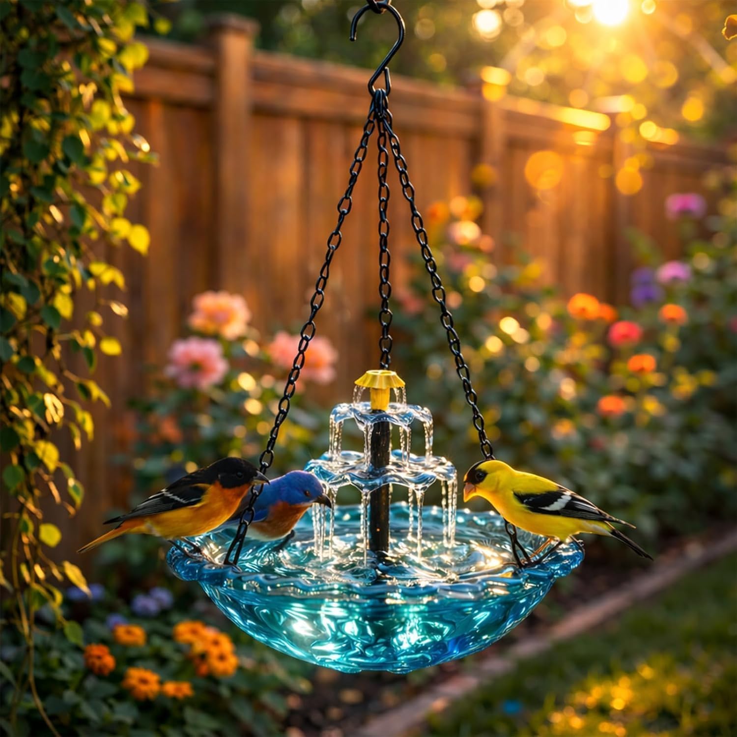 Solar Cascade Hanging Bird Bath Fountain, Outdoor Hanging Bird Bath with Solar Fountain, Humming Birds Baths Fountains with Solars Pump & Glass Bowl for Outdoor Yard Patio Garden (Blue)