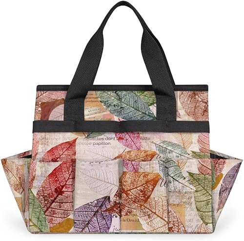Abstract Fall Leaves Garden Tool Tote Bag for Women Men Gardening Tool Storage Bags with 10 Pockets Standable Garden Home Tool Kits Organizer for