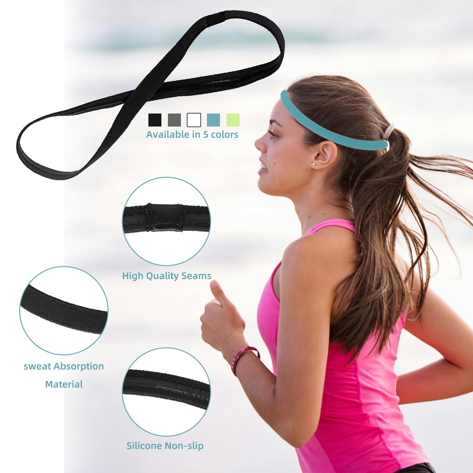 Lot de 5 bandeaux de sport pour homme et femme, élastiques à séchage