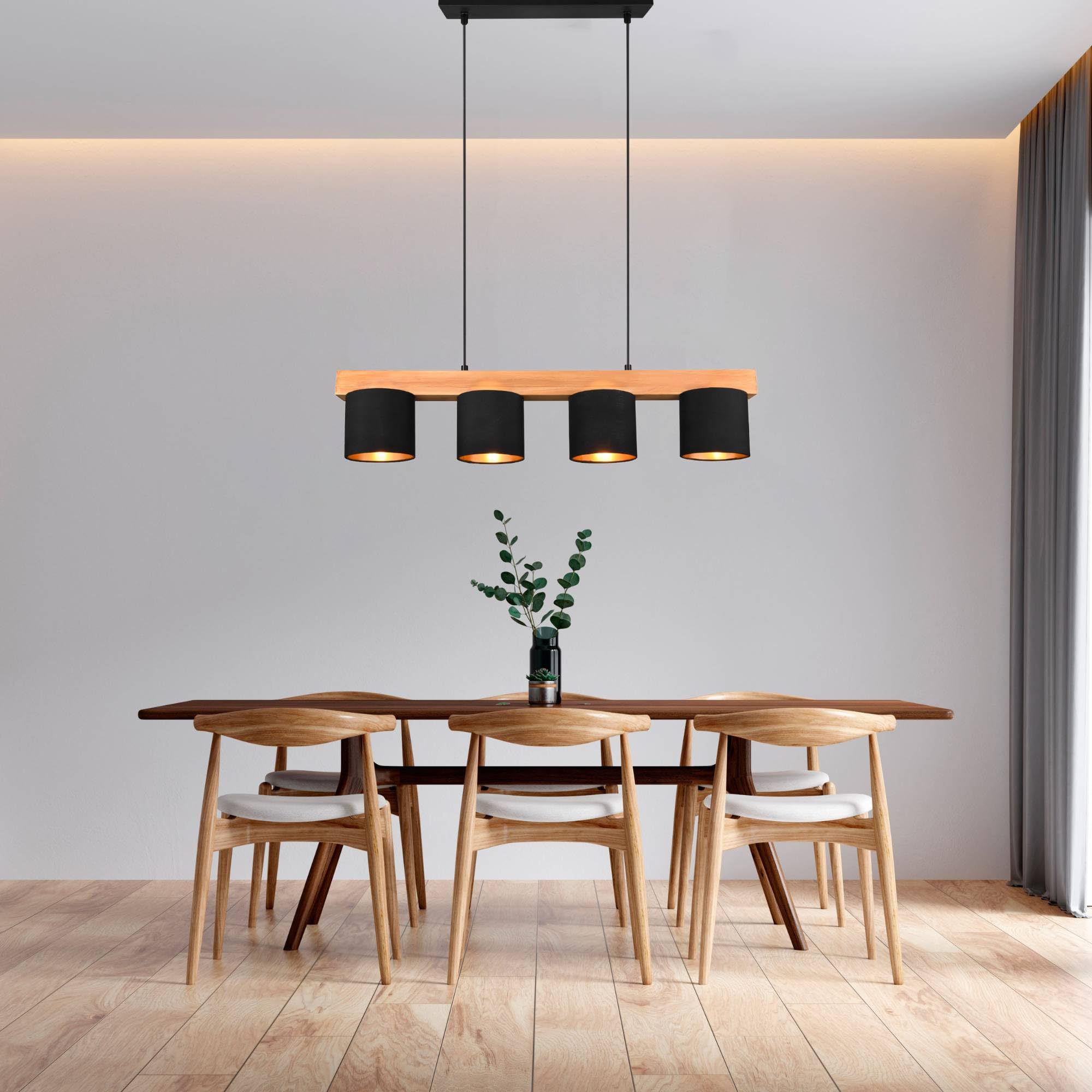 Cameron Pendelleuchte, 4-flammige Hängelampe, Schirm aus Stoff in schwarz gold, Korpus aus Holz, Hängeleuchte Esstisch, Höhe: verstellbar bis 150 cm, Breite: 75 cm, exkl. 4 x E14 max. 28W