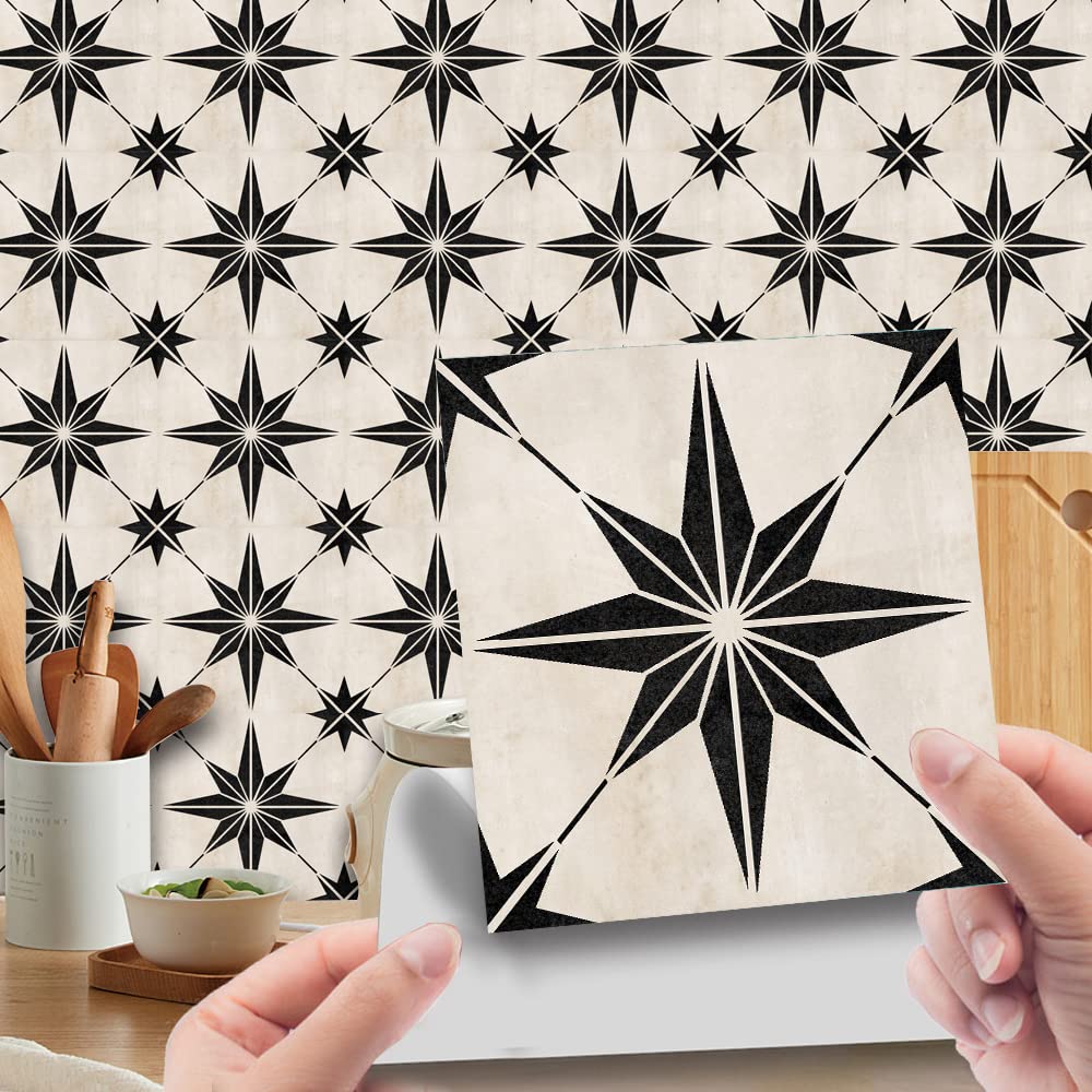 Moroccan Tile Stickers for Kitchen， Tile Stickers Beige Black Star Waterproof Oil-Proof Multiple Sizes(10 Pcs/15x15cm)