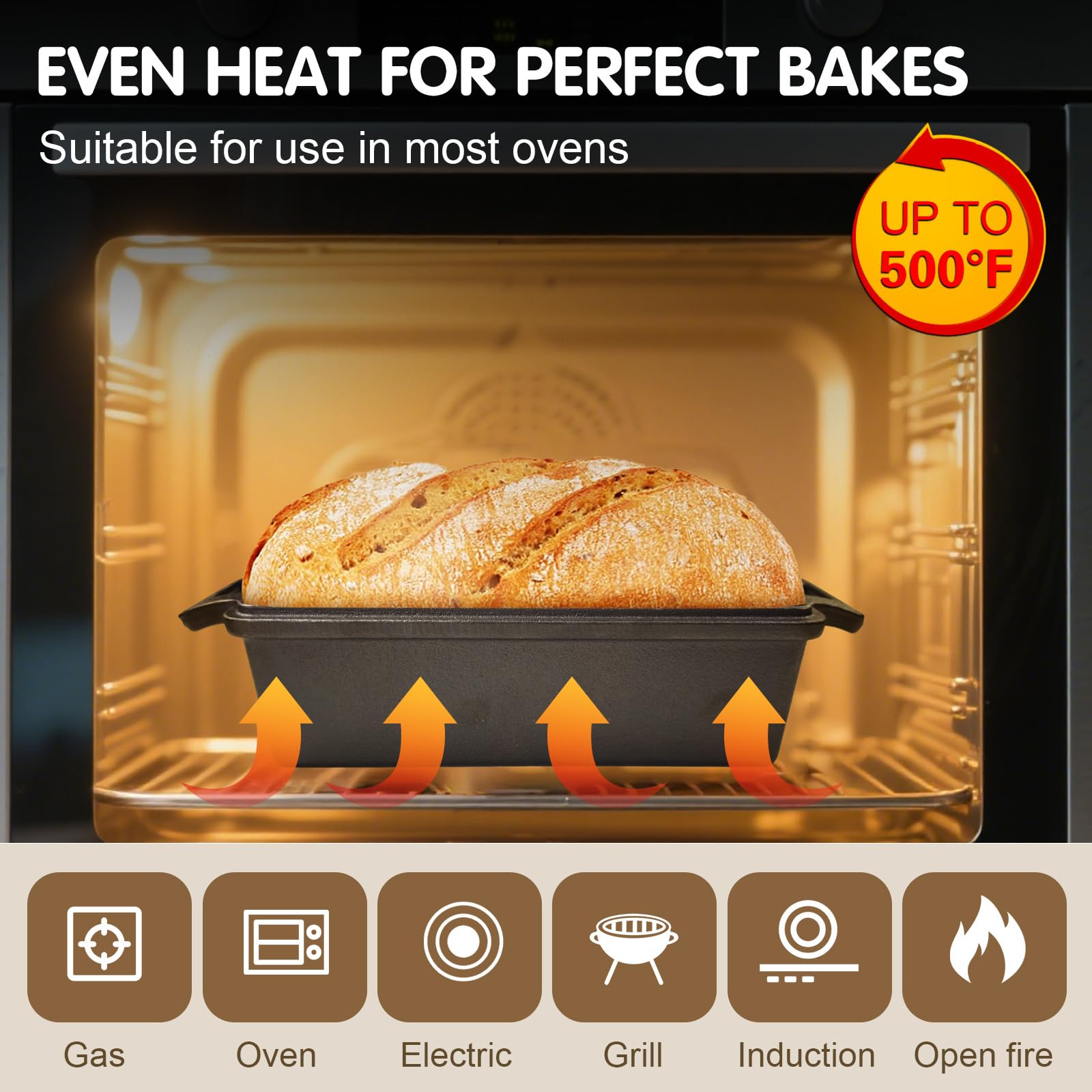 Rostiera 2 in 1 in ghisa con coperchio, 23 × 13 cm, teglia per pane con doppi manici e manico del coperchio, rettangolare, nero, per pane alla banana e carne, distribuzione uniforme del calore
