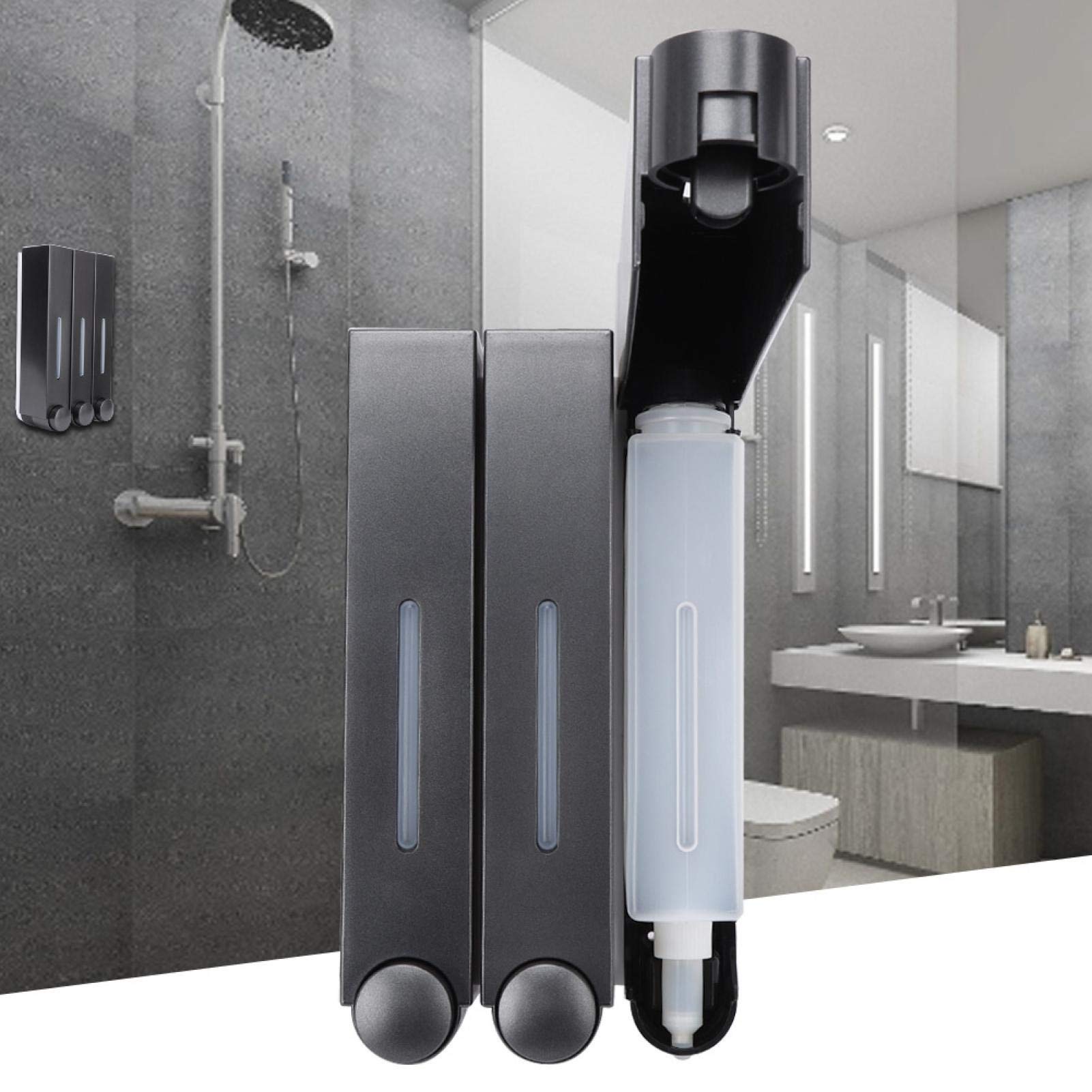 Dispensador de jabón de Pared, Manual montado en la Pared para dispensador jabon Ducha, dispensador de Gel de Ducha, Gel y champu, Loción para Baño Cocina Hotel 3x420ml(Black)