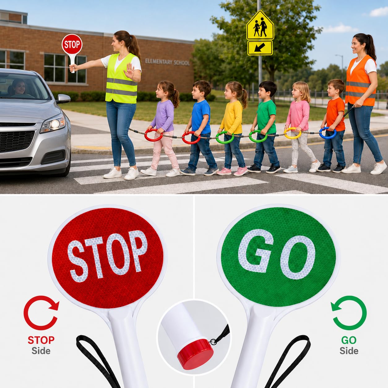 Walking Rope for Preschool, 16-Ring Toddler Walking Rope with Double-Sided Stop/GO Sign, 2 Adult Reflective Safety Vests and Storage Bag for Classroom Transitions and Outdoor Walks