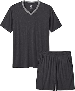 Mens Pajama Set Bamboo Sleepwear Nightwear Lightweight Quick Dry Soft Short Sleeve V-Neck Pjs Sleep Set With Pockets