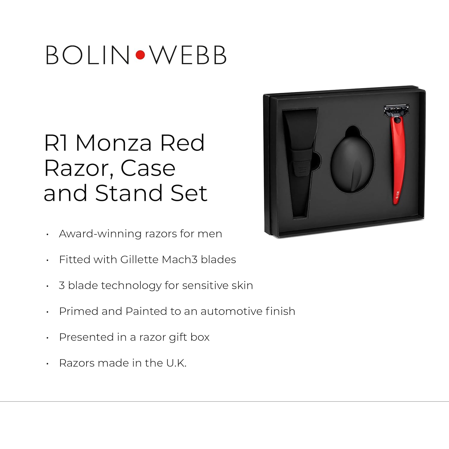 Bolin Webb Handle in Monza Red with Razor Stand and Waterproof Travel Case. Fitted with Gillette Mach3 Blade Cartridge Technology. Award Winning Razors for Men - Made in England. (Red)