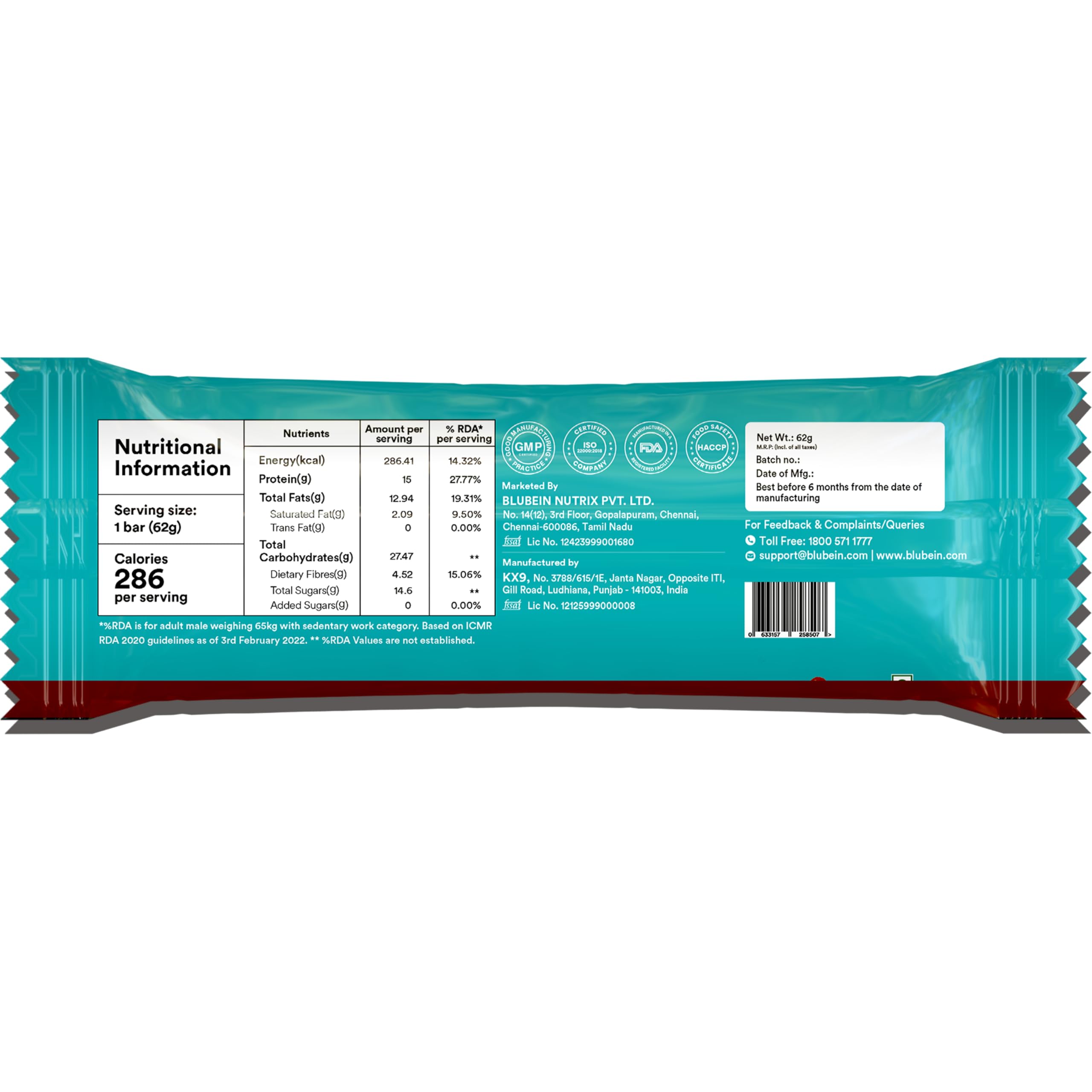 Blubein Protein Bar - Choco Date Delight, 15g Plant Protein, Protein bars without sugar, No Gluten or Soy, No Palm Oil, Made with 100% Natural Ingredients & No Preservatives, Non-GMO | 63g Bar — Amazon image 9