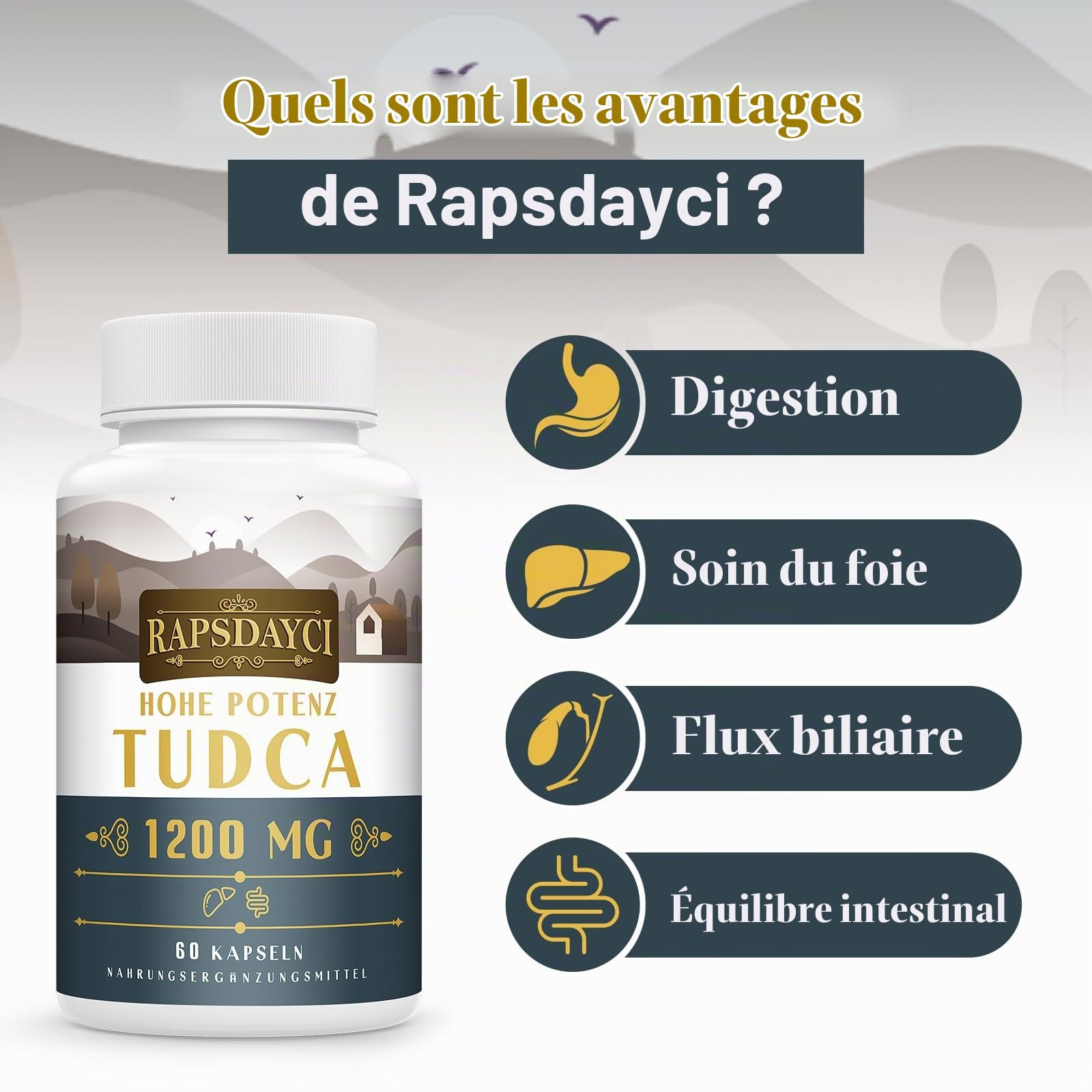 TUDCA à dosage élevé – 1200 mg par portion, 120 gélules | acide tauroursodésoxycholique (sels biliaires), complément alimentaire pour le foie | sans OGM, sans gluten