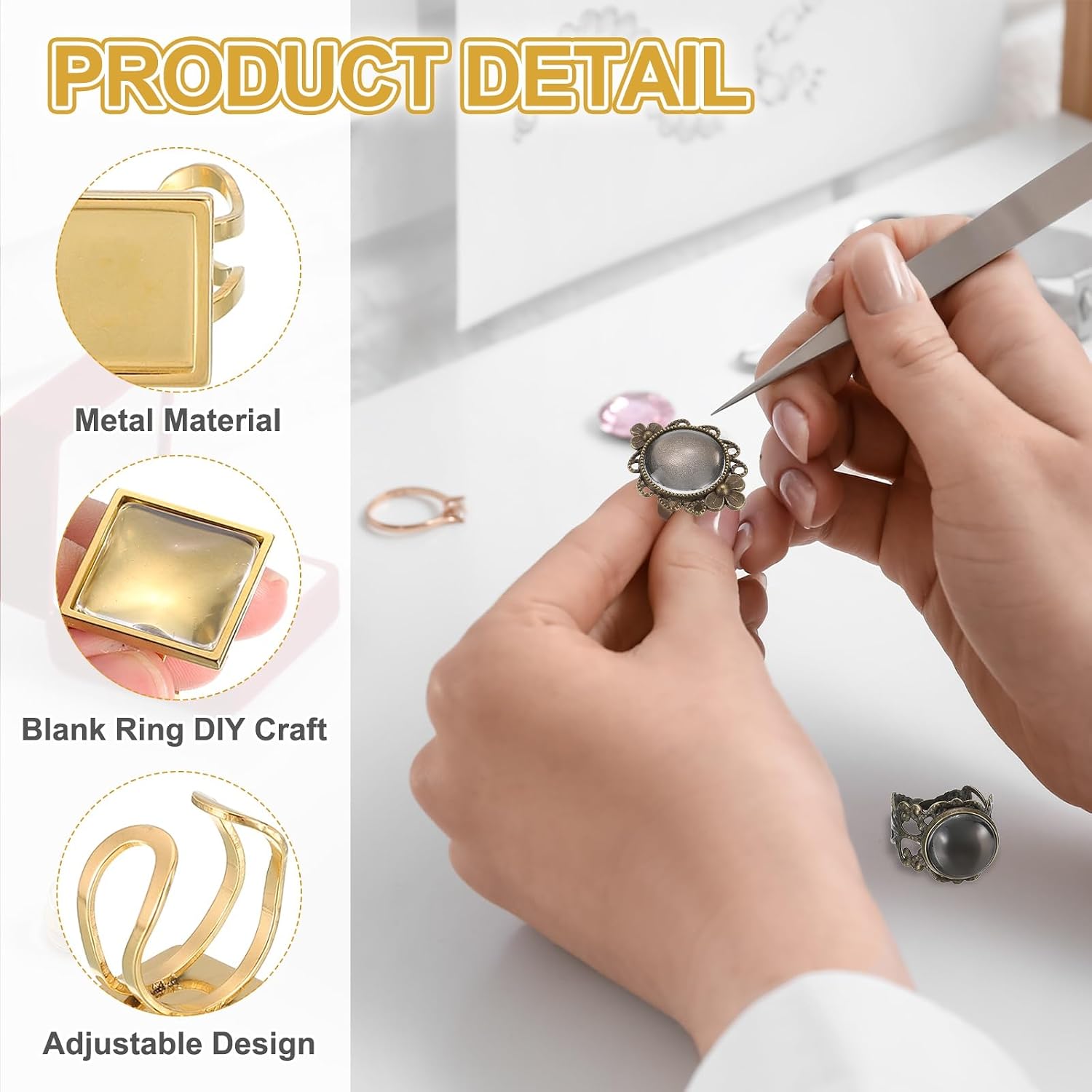 MECCANIXITY 8Pcs Metal Ring Base Blank, 12mm Adjustable Cabochon Ring Blank Base Flat Ring Bezel Tray with 8Pcs Clear Glass Cabochon for Jewelry Making DIY Carvings (Silver/Gold)