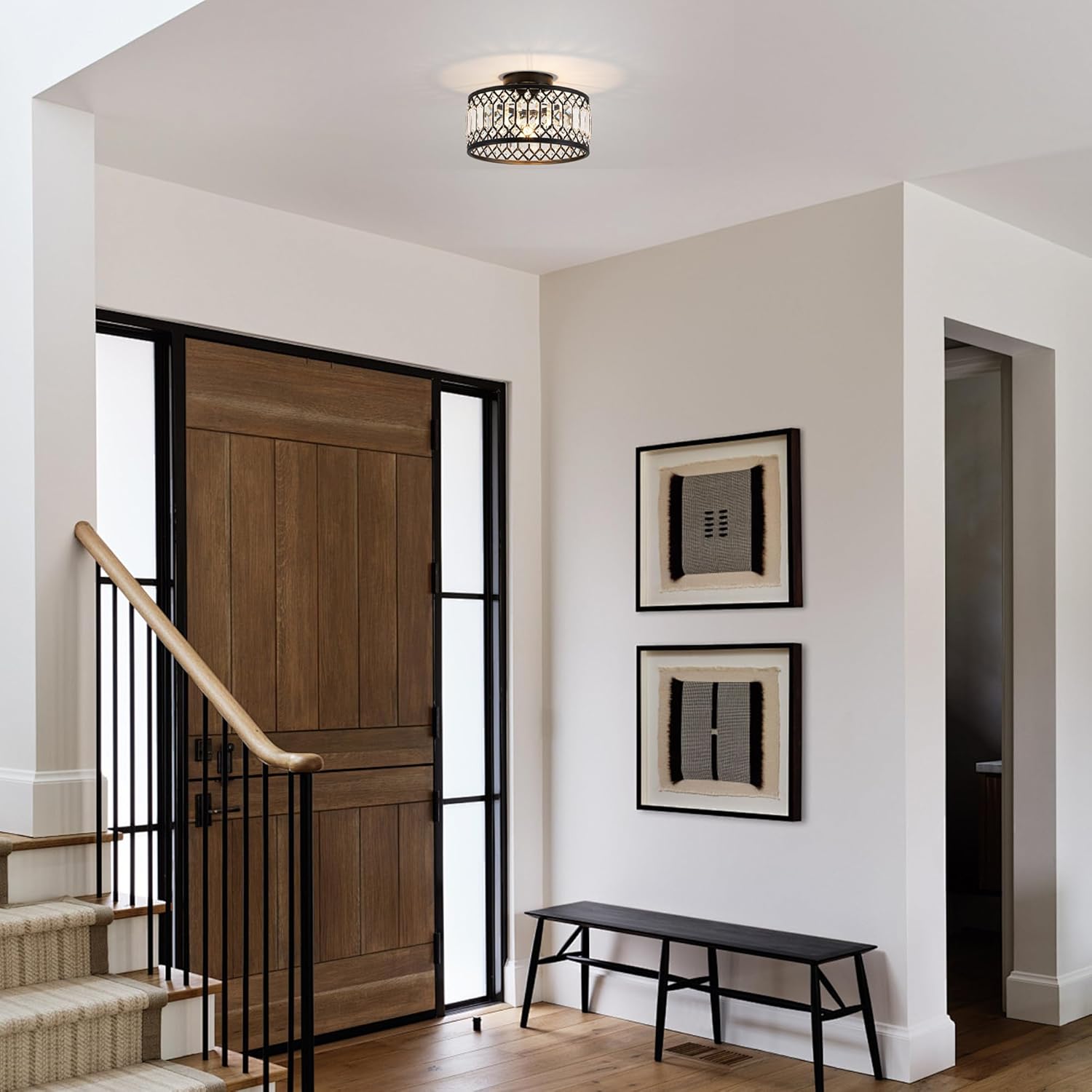 Crystal Black Ceiling Light, Modern Semi Flush Mount Ceiling Light Fixture, Round Small Chandelier for Hallway Entryway Bathroom Bedroom Laundry Room, 1-Light, 11.4 Inch