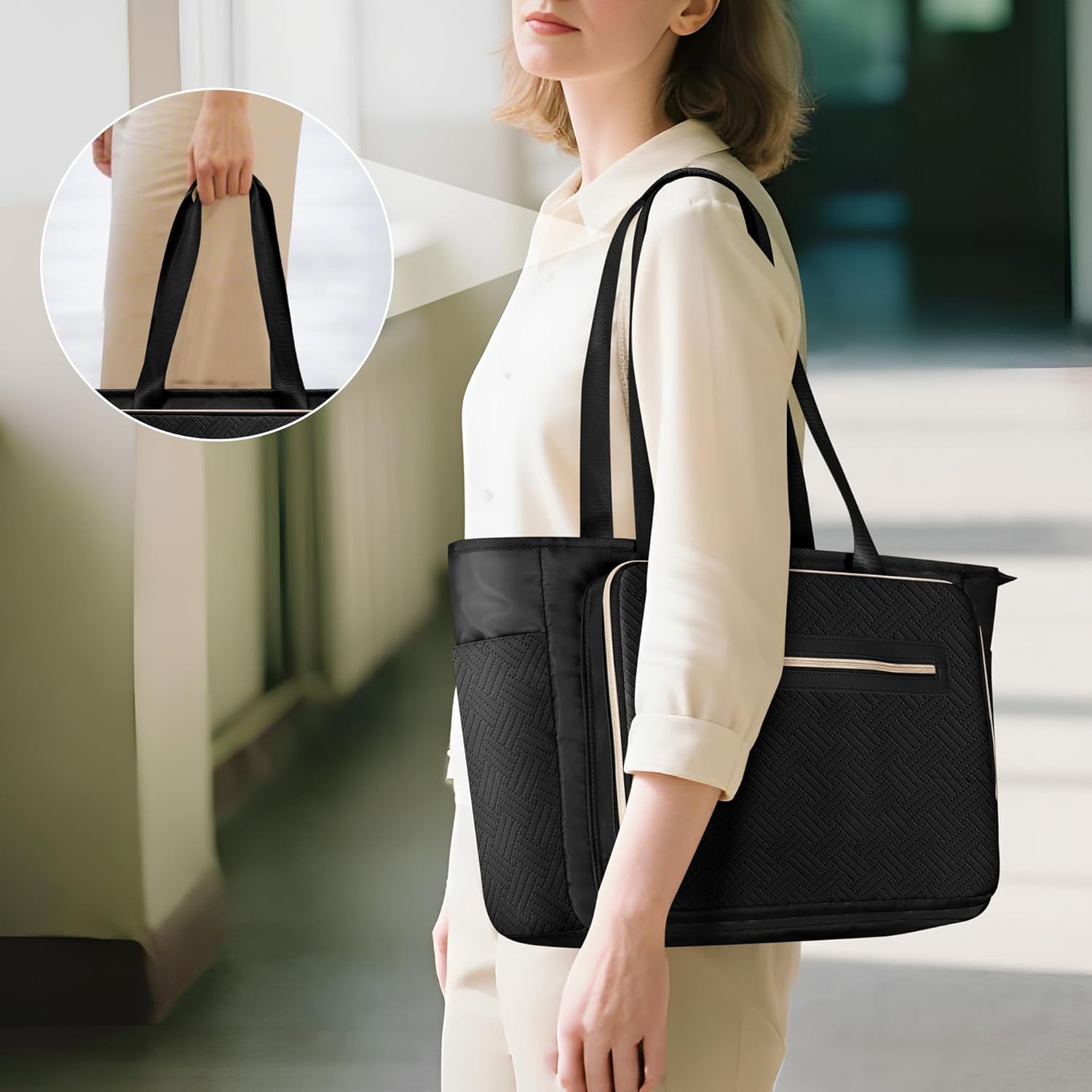 Teacher Tote Bag for Women, Teacher Work Bag 15.6 inch Laptop Bag with Accordion File Organizer, Black - Image 6