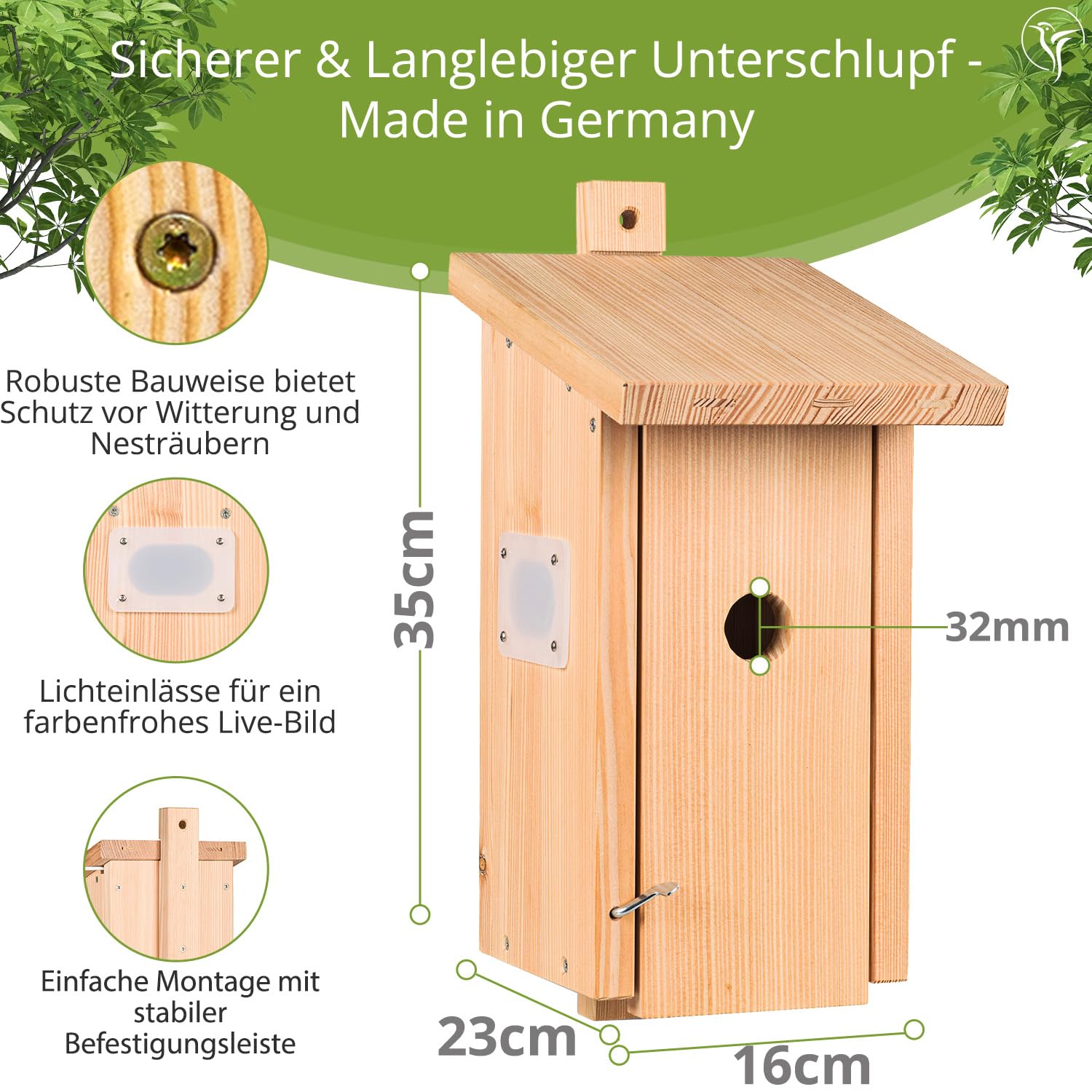 Nestblick Plus in Beige mit WLAN-Kamera. Nistkasten für Live-Beobachtung mit App, Full-HD, Nachtsicht, Ton und Infrarot LEDs. Ideal für Meisen, Kleiber & Zaunkönige.