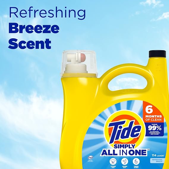 Tide Simply All-In-One Liquid Laundry Detergent, Refreshing Breeze Scent, 128 Loads, 168 fl oz