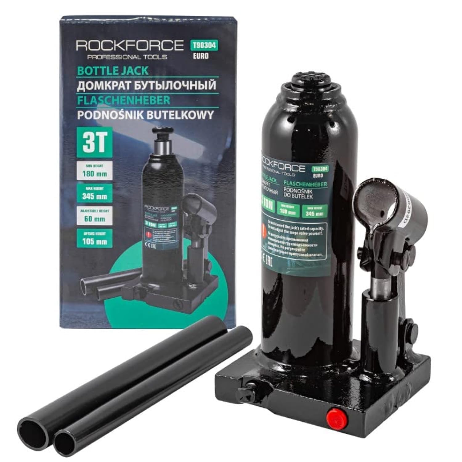 ROCKFORCE 3 T Hydraulic Bottle Jack with Lifting Rod - 180 mm to 345 mm Height Range for Heavy-Duty Lifting Tasks | Ideal for Automotive Workshops and Industrial Settings