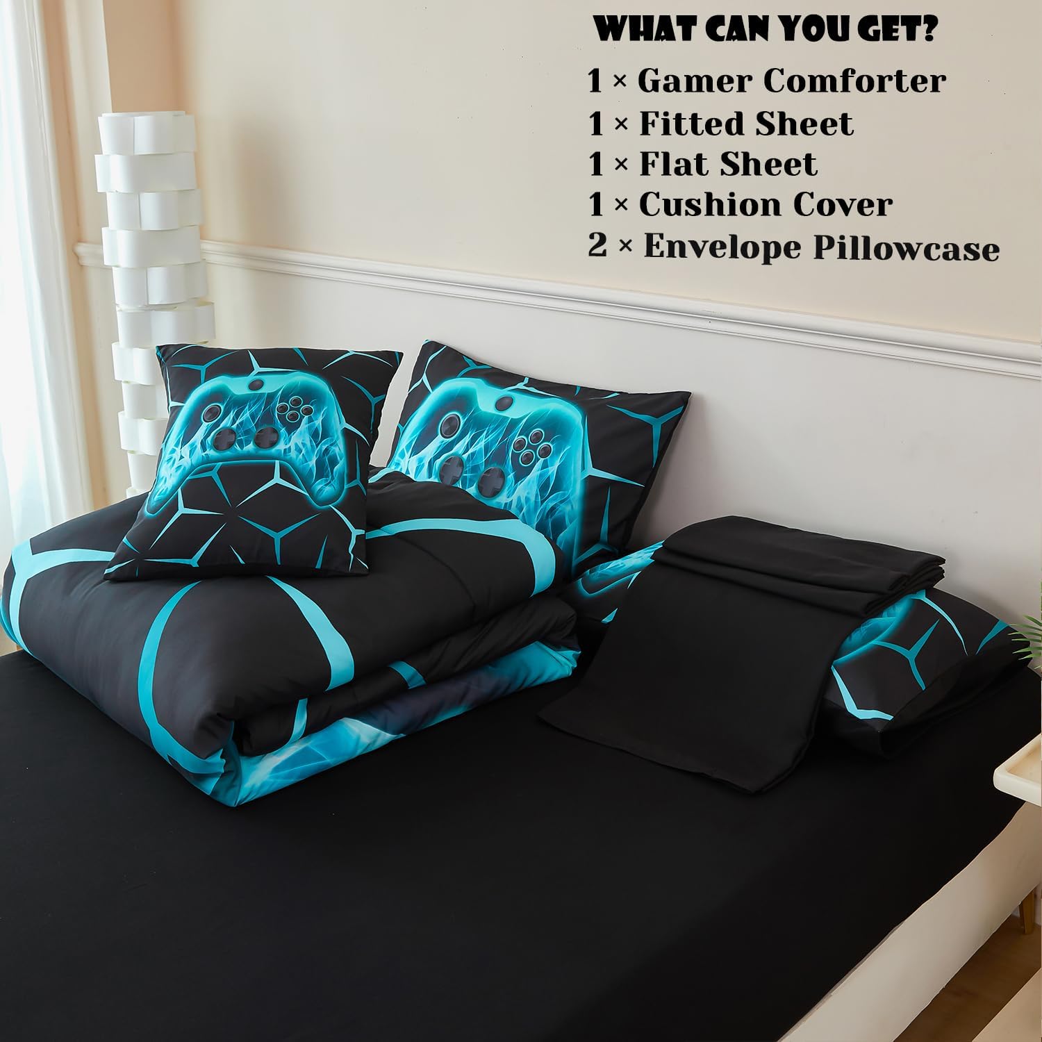 ZRNBAST 6 Pieces Kids Comforter Sets Twin Size Teal Game Console Bedding Set for Boys Girls Soft Microfiber 3D Cool Teen Gamer Bed in A Bag for All Seasons(Teal,Twin)