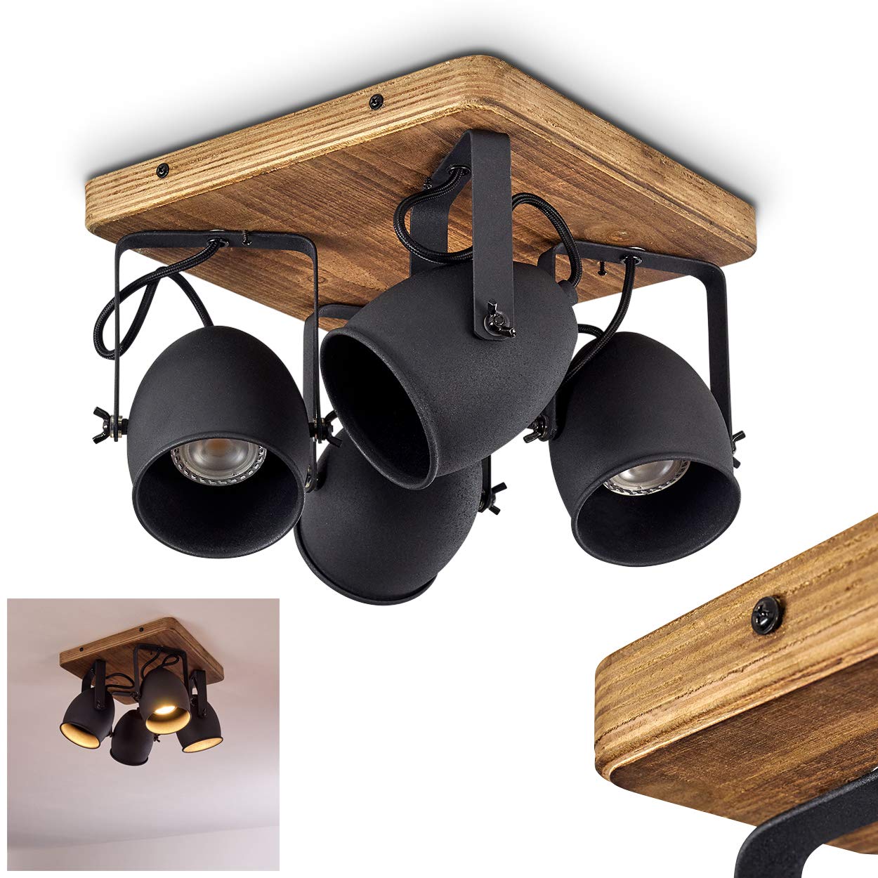 Ceiling lamp Vanuatu, Vintage Ceiling lamp Made of Metal/Wood in Black/Brown in Industrial Style, 4-Flame, lampshades Swivel and tilt, 4 x E27 Socket, Without Bulbs