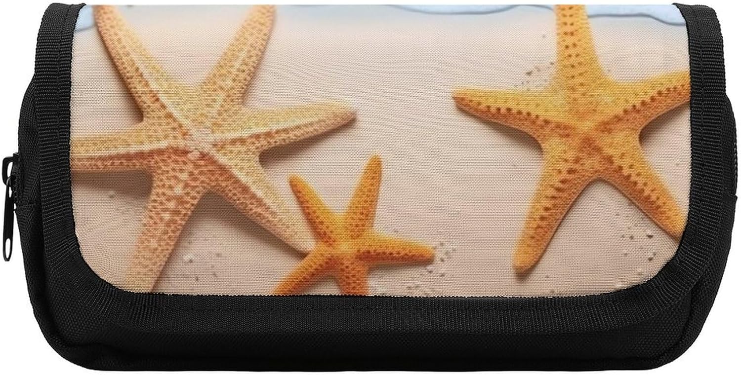 Pencil Case Summer Starfish Large Capacity Pencil Case Double Zipper Storage Bag 2 Compartments Portable Multifunctional Bag Desk Organizer Marker Pen Case