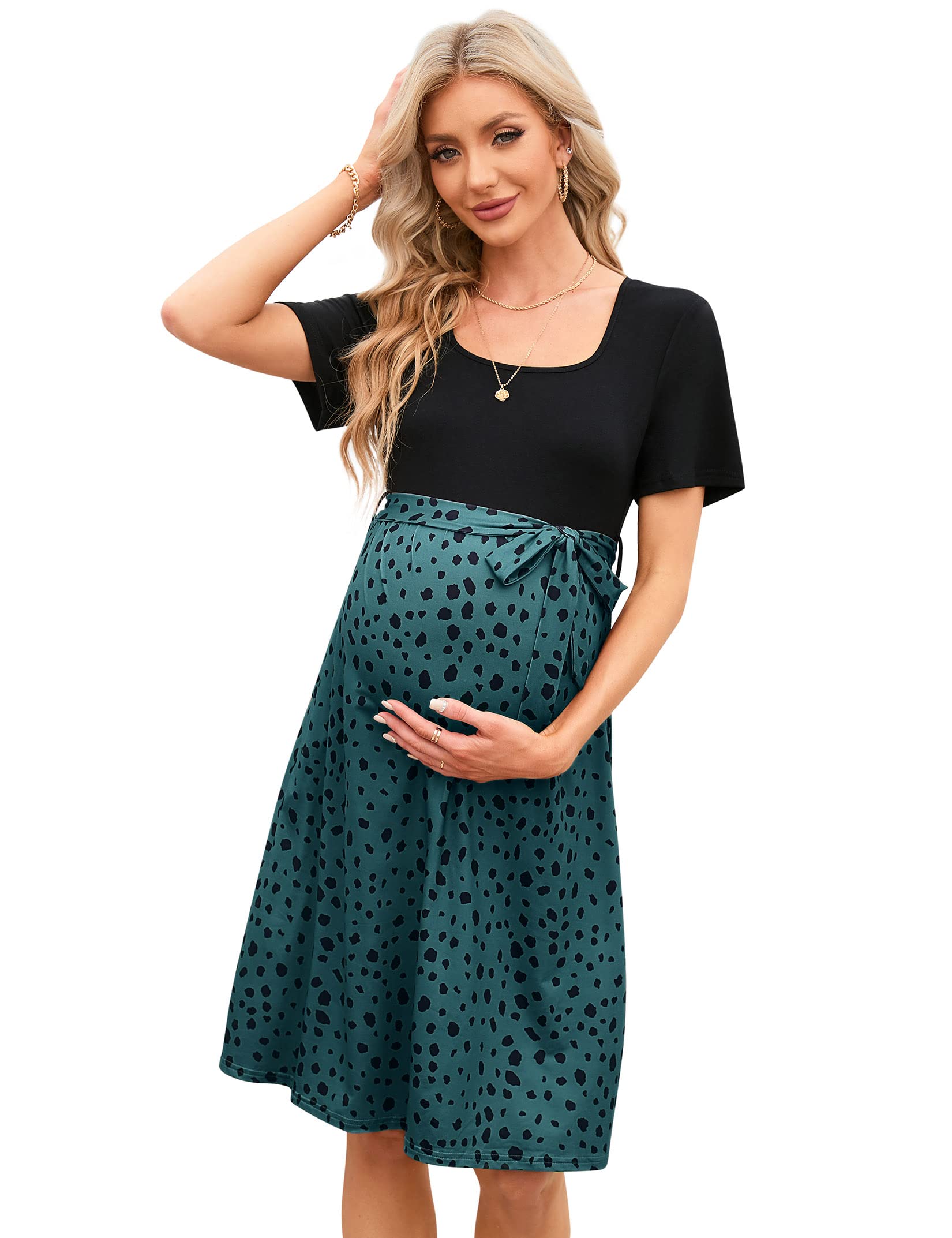 YesFashion Robe de maternité élégante pour femme - Col carré - Robe d'allaitement avec ceinture - Robe d'été
