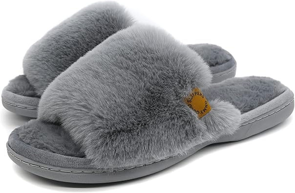 Onmygogo Furry Indoor Home Slippers for Women with Anti-Slip Rubber Sole, Faux Fur Open Toe House Slippers