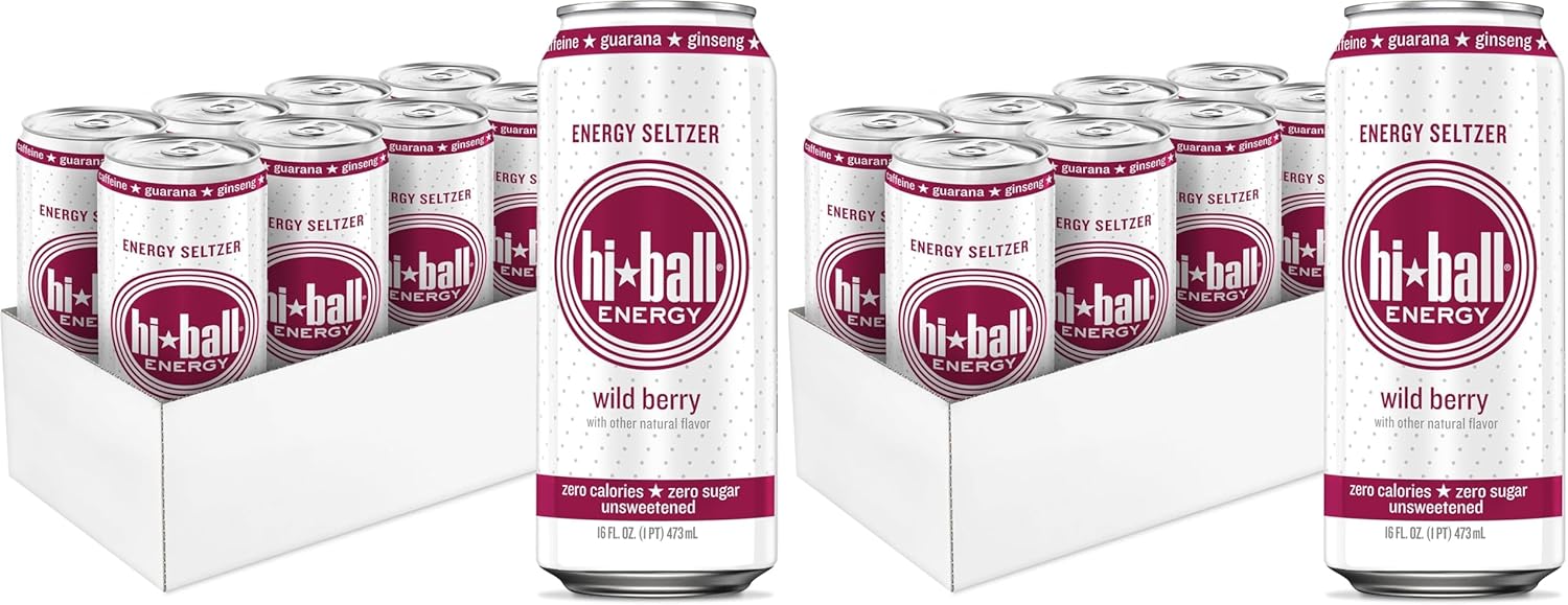 Hiball Clean Energy Drink - Wild Berry - Zero Sugar,Zero Calorie Sparkling Water with 160mg Organic Caffeine,50mg Organic Ginseng,50mg-Organic Guarana and B Vitamins - 16 fl oz,(Pack of 16)