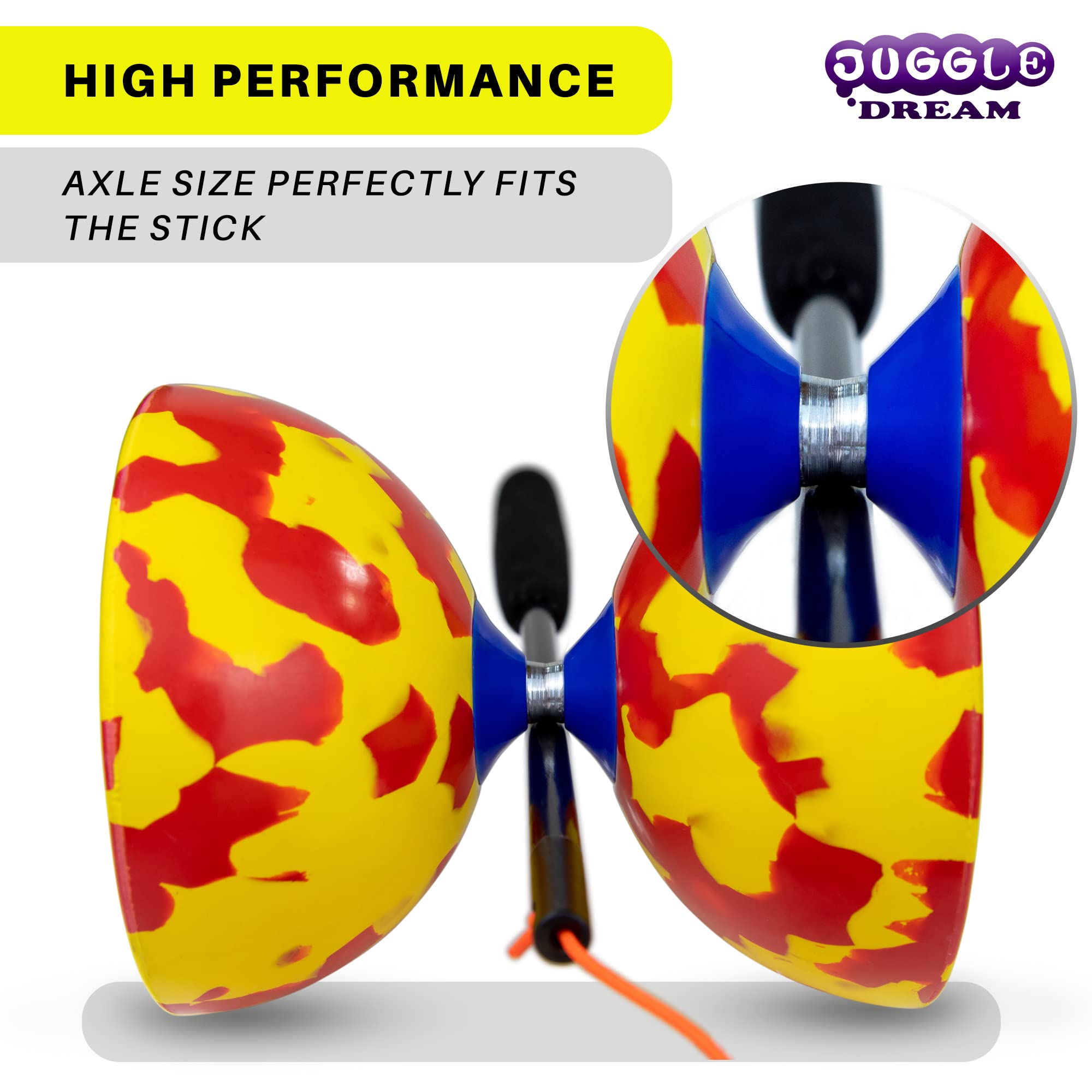 Juggle Dream Jester Diabolo Set - avec Axe Fixe Diabolo, Baguettes en Bois et Vidéo d'Apprentissage en Ligne - Jouets de Jonglage (Rouge/Jaune