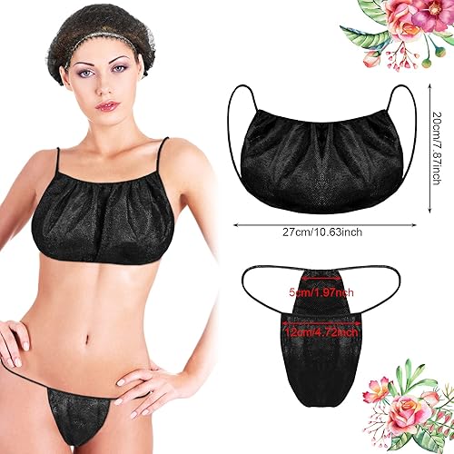 Miniatura 2 de Juego de 150 piezas de brasier desechable para spa, 50 sombreros de red para el cabello, desechables, 50 sujetadores negros de belleza, 50 tangas,