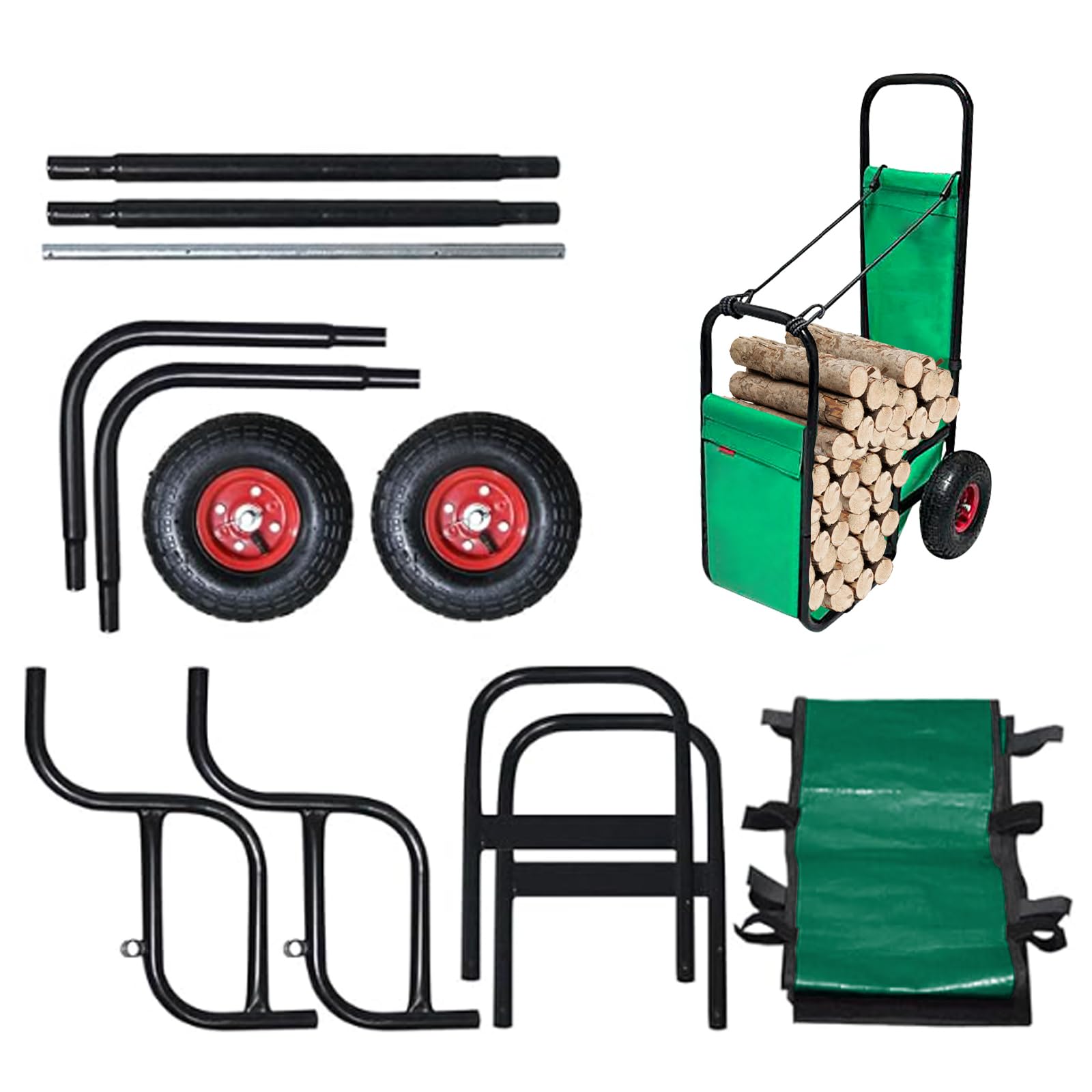 Carrello per legna da ardere con ruote in gomma, supporto per legna da ardere, 113,4 kg, nero, resistente, in acciaio, con copertura in PVC verde