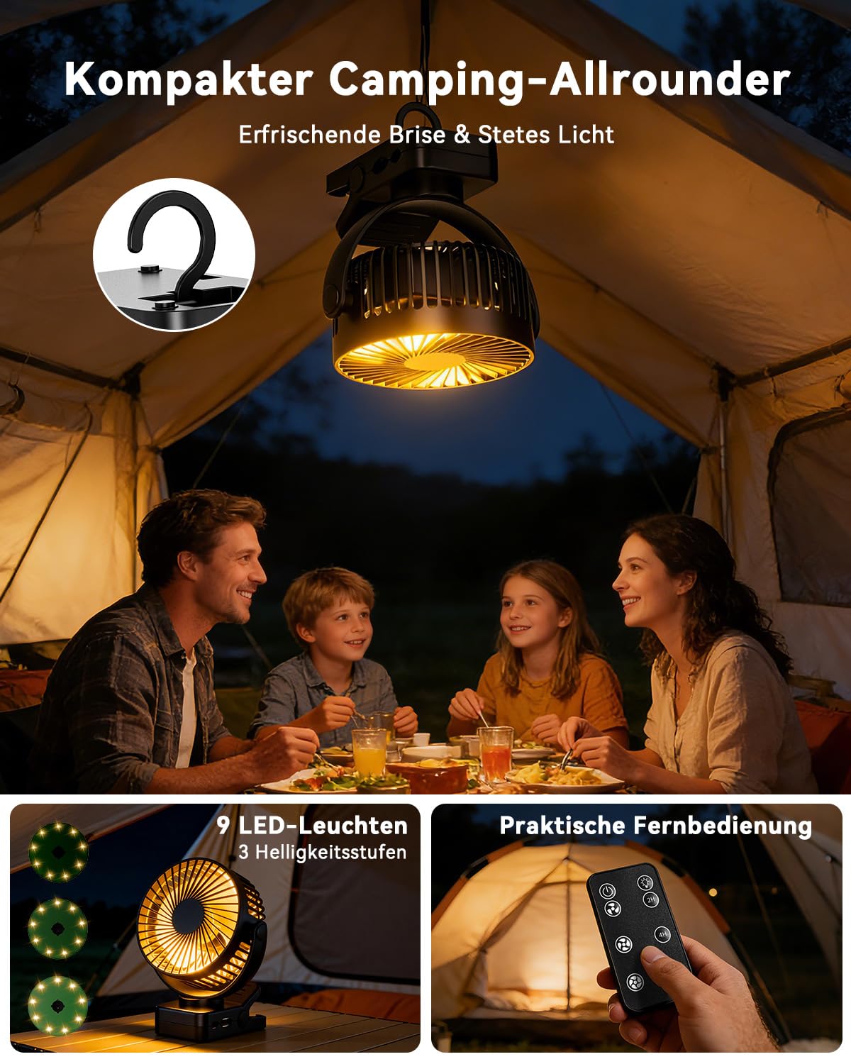 USB Tischventilator Leise mit 12000mAh Akku, Clip Camping Ventilator mit Fernbedienung, Mini Akku Ventilator mit Licht & Timer, 360° Drehbar, 3 Windstufen, Max 44Std Laufzeit für Camping