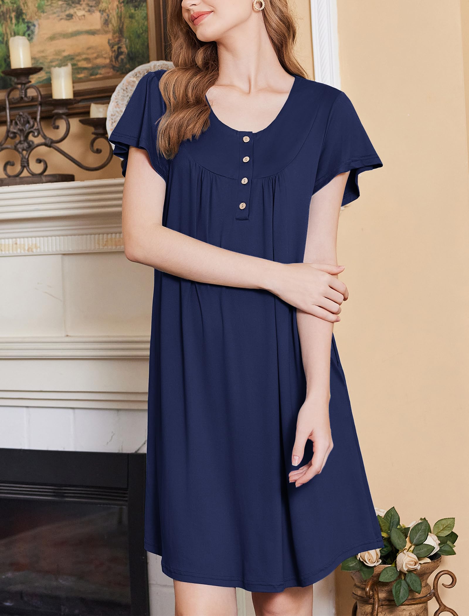 Ekouaer Camisones para mujer, vestido de casa de manga corta con bolsillos, estampado floral, vestido Mumu