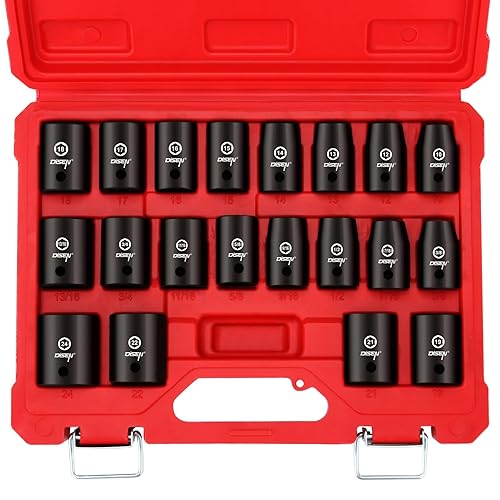 DISEN 20PCS 1/2" Impact Socket Set, Shallow Sockets SAE 13/16"-3/8" & Metric 10-24mm, 6-Point Cr-V & Alloy Steel, 1/2 Inches Drive Impact Socket Set,Rugged Construction, Enhanced Storage Case