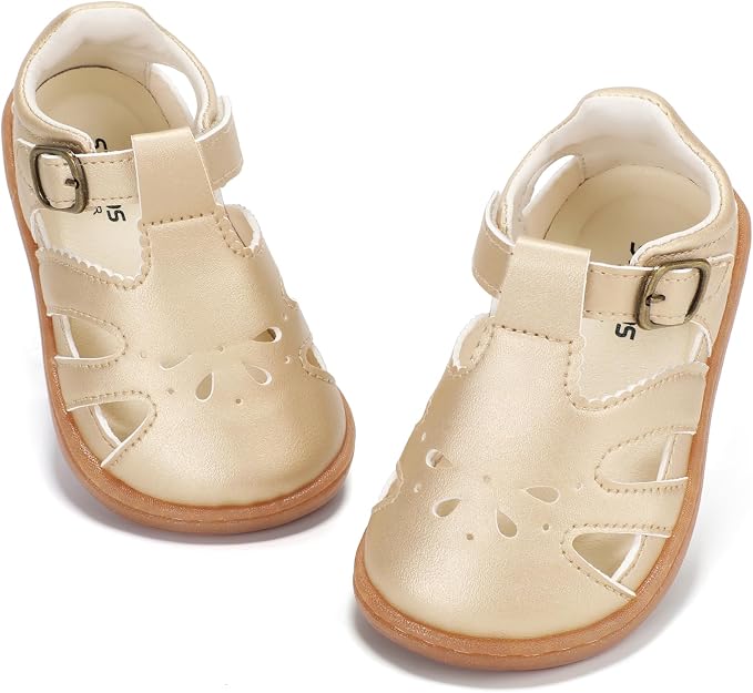 STQ KIDS Toddler Girls Mary Jane Sandals, Closed-Toe Wide Toe Box for Wide/Chubby Feet, Adjustable Hook & Loop Non-Slip Thin Sole Summer Shoes for Casual Party Wedding