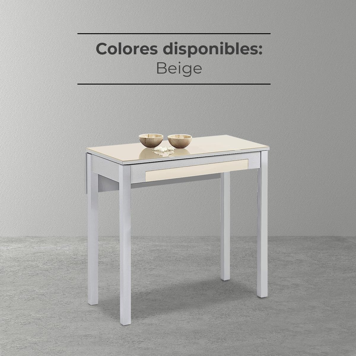 Mesa de Cocina Extensible 1 ala caída - 80x40 cm (80x60 cm) - Estructura y ala caída Color Aluminio - Tapa Cristal Color Beige