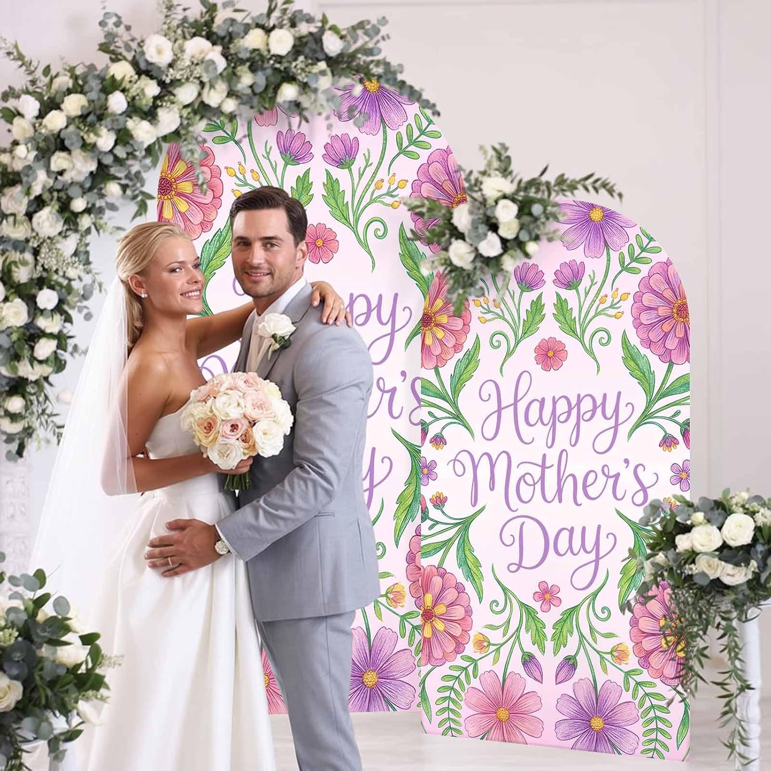 6FT Arch Backdrop Covers, Happy Mother's Day Wedding Arch Cover Stretchy, Watercolor Flowers Floral Botanical Spring Chiara Arches Backdrop Stand Covers for Birthday Baby Shower Party Banquet Decor