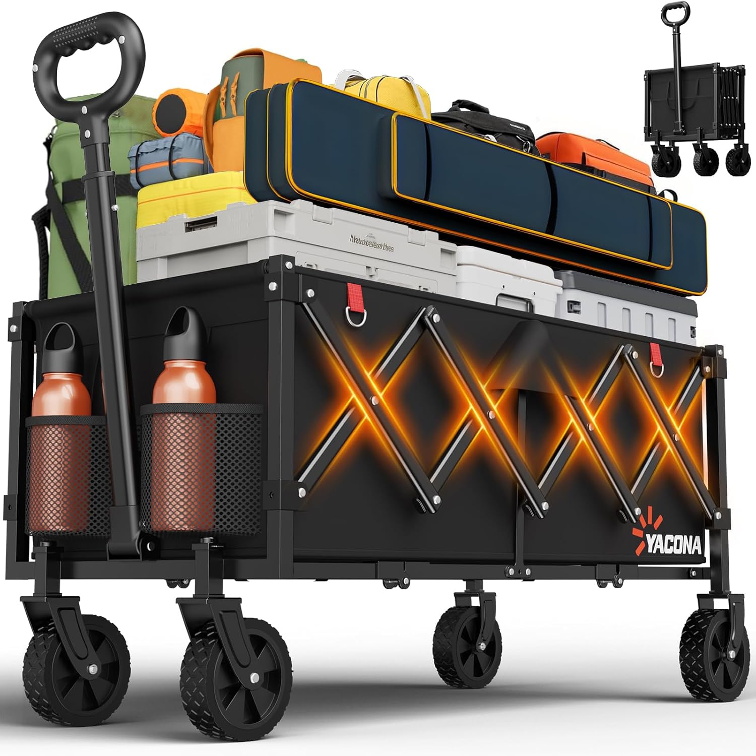 35" L Extra Long Wagons Carts Foldable, 360LBS Heavy Duty Collapsible Wagon with Wheels, Folding Wagon Portable Utility Cart for Groceries, Shopping, Camping, Sports 180L Black